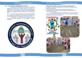 DANIEL JHONY DIONICIO GONZALES
COLEGIO ANTONIO RAIMONDI DE LA PERLA DE MACABI:
HISTORIA DOCUMENTAL Y GRAFICA
I.E. N° 80631 “ANTONIO RAIMONDI” EN SUS CINCUENTA AÑOS
2.8.2. CLUB DE LIDERES “RAIMONDINOS DEL SIGLO XXI”
Este importante Club estudiantil, nace el año 2018, por iniciativa del
profesor Daniel Jhony Dionicio Gonzales también, con motivo de la
participación en el III Encuentro Provincial de Lideres Escolares Ascopanos,
realizado en la I.E. Jesús Nazareno de Chocope, y el Encuentro Regional de
Lideres por la Integración Liberteña, cuya sede fue la I.E. Leoncio Prado de
Paiján.
El año 2019, asume la coordinación del club, el Mg. Daniel Ramírez
Tafur, quien guio a los estudiantes, en nel IV Encuentro Provincial de Lideres
Ascopanos, realizado en la I.E. Santo Domingo de Guzmán de Chicama.
En el presente año, el Club, viene siendo asesorado por la Mg.
Jessica Vega Gamboa, prosiguiendo con las actividades y proyectos
estudiantiles
El huerto escolar ecológico, nos trae varias ventajas, entre ellas destacan:
✓ La creación de un huerto es aprovechable en la I.E., porque, es una ayuda económica
para la buena alimentación.
✓ Los frutos cosechados se pueden utilizar para preparar loncheras escolares.
✓ Los estudiantes en equipo y bajo supervisión del docente, se encargan de cuidar del
huerto y cultivar los productos.
Si los productos cosechados no son utilizados en la I.E., se pueden vender en
la comunidad, las ganancias permitirán mantener el huerto y comprar herramientas y
semillas para continuar el proceso productivo.
38 43
 
