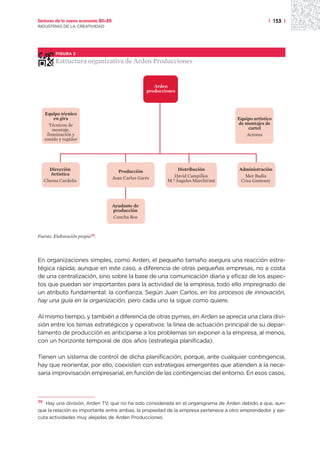 Sectores de la nueva economía 20+20                                                                 | 153 |
INDUSTRIAS DE LA CREATIVIDAD




          FIGURA 2

          Estructura organizativa de Arden Producciones


                                                        Arden
                                                     producciones



     Equipo técnico
         en gira                                                                      Equipo artístico
       Técnicos de                                                                    de montajes de
         montaje,                                                                          cartel
      iluminación y                                                                       Actores
     sonido y regidor




       Dirección                         Producción               Distribución        Administración
       Artística                                                David Campillos          Mer Badía
                                      Juan Carlos Garés
     Chema Cardeña                                           M.ª Ángeles Marchirant    Cruz Gasteazy




                                      Ayudante de
                                      producción
                                      Concha Ros



Fuente: Elaboración propia39.




En organizaciones simples, como Arden, el pequeño tamaño asegura una reacción estra-
tégica rápida; aunque en este caso, a diferencia de otras pequeñas empresas, no a costa
de una centralización, sino sobre la base de una comunicación diaria y eficaz de los aspec-
tos que puedan ser importantes para la actividad de la empresa, todo ello impregnado de
un atributo fundamental: la confianza. Según Juan Carlos, en los procesos de innovación,
hay una guía en la organización, pero cada uno la sigue como quiere.

Al mismo tiempo, y también a diferencia de otras pymes, en Arden se aprecia una clara divi-
sión entre los temas estratégicos y operativos: la línea de actuación principal de su depar-
tamento de producción es anticiparse a los problemas sin exponer a la empresa, al menos,
con un horizonte temporal de dos años (estrategia planificada).

Tienen un sistema de control de dicha planificación, porque, ante cualquier contingencia,
hay que reorientar, por ello, coexisten con estrategias emergentes que atienden a la nece-
saria improvisación empresarial, en función de las contingencias del entorno. En esos casos,



39
   Hay una división, Arden TV, que no ha sido considerada en el organigrama de Arden debido a que, aun-
que la relación es importante entre ambas, la propiedad de la empresa pertenece a otro emprendedor y eje-
cuta actividades muy alejadas de Arden Producciones.
 