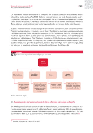 Sectores de la nueva economía 20+20                                                                     | 159 |
INDUSTRIAS DE LA CREATIVIDAD




Un importante hito en la historia de la compañía fue la reestructuración de su sistema de dis-
tribución a finales de los años 1990. De tener trece almacenes por toda España pasó a un úni-
co almacén central en Daganzo de Arriba (Madrid). La tecnología utilizada permite un rele-
vante ahorro de costes y una mayor calidad de servicio a sus clientes en Europa y América.
Tiene, además, un almacén complementario para atender al mercado de las Islas Canarias.

Susaeta ha desarrollado una estrategia de crecimiento concéntrico, con una cierta diversi-
ficación hacia productos vinculados con el libro infantil (como puzzles y juegos educativos).
La implantación de dicha estrategia ha pasado por la creación de distintas unidades orga-
nizativas, algunas de las cuales gozan de personalidad jurídica propia. Así, los libros para
adultos son editados por Tikal Ediciones (creada en 1994), los juegos educativos son pro-
ducidos y comercializados por Dinova, y los productos especiales (entendidos como pro-
ducto blanco para grandes superficies, tiendas de precio fijo, libros por encargo, etc.)
constituyen el objeto de actividad de Servilibro Ediciones, S.A (figura 2).



          FIGURA 2

          Unidades organizativas del grupo Susaeta


                                                   Grupo
                                                  Susaeta




                                  Servilibro                                         Susaeta
     Tikal Ediciones              Ediciones                   Dinova
                                                                                    Ediciones




             División editorial       División editorial de      Produce y vende         Edición de libros
              de libros para           producto “blanco”          puzzles, juegos    ilustrados, básicamente
              adultos: Salud,         atiende a demandas         educativos, etc.    infantiles, aunque cada
                Deporte...            de supermercados,                                vez más de todo tipo
                                         productos por
                                           encargo...


Fuente: Elaboración propia



1.1.   Susaeta dentro del sector editorial de libros infantiles y juveniles en España

En 2008 operaban en este sector un total de 582 editoriales, si bien se trata de un sector alta-
mente concentrado: las primeras 25 editoriales fueron responsables del 62% de las publicacio-
nes registradas (esto es, un total de 7811 ISBNs –International Standard Book Number–). Por tan-
to, el restante 38% (o, lo que es lo mismo, 4814 ISBNs) fue publicado por 557 editoriales41.



41
     España, Ministerio de Cultura, 2010: 9-10.
 