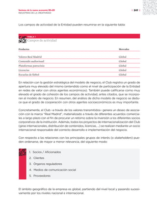 Sectores de la nueva economía 20+20                                                        | 249 |
INDUSTRIAS DE LA CREATIVIDAD




Los campos de actividad de la Entidad pueden resumirse en la siguiente tabla:



        TABLA 1

        Campos de actividad

Productos                                                                       Mercados


Valores Real Madrid                                                             Global
Contenido audiovisual                                                           Global
Plataformas patrocinio                                                          Global
Licencias                                                                       Global
Escuelas de fútbol                                                              Global


En relación con la gestión estratégica del modelo de negocio, el Club registra un grado de
apertura muy elevado del mismo (entendido como el nivel de participación de la Entidad
en redes de valor con otros agentes económicos). También puede calificarse como muy
elevado el grado de cohesión de los campos de actividad, antes citados, que se incorpo-
ran al modelo de negocio. En resumen, del análisis de dicho modelo de negocio se dedu-
ce que el grado de cooperación con otros agentes socioeconómicos es muy importante.

Concretamente, el Club –a través de los valores transmitidos– genera un deseo de asocia-
ción con la marca “Real Madrid”, materializado a través de diferentes acuerdos comercia-
les a largo plazo con el fin de procurar un retorno sobre la inversión a los diferentes socios
corporativos de la institución. Además, todos los proyectos de internacionalización del Club
(giras internacionales, distribución de contenidos, licencias, ...) se realizan mediante un socio
internacional responsable del correcto desarrollo e implementación del negocio.

Con respecto a las relaciones con los principales grupos de interés (o stakeholders) pue-
den ordenarse, de mayor a menor relevancia, del siguiente modo:


          1. Socios / Aficionados

          2. Clientes

          3. Órganos reguladores

          4. Medios de comunicación social

          5. Proveedores



El ámbito geográfico de la empresa es global, partiendo del nivel local y pasando sucesi-
vamente por los niveles nacional e internacional.
 