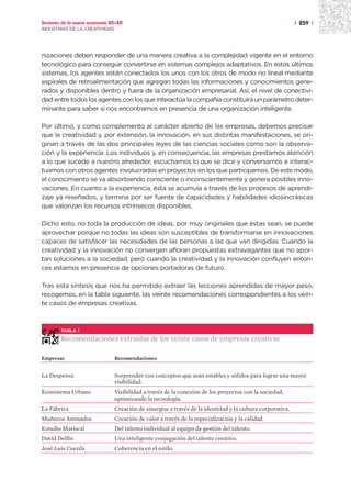Sectores de la nueva economía 20+20                                                                       | 259 |
INDUSTRIAS DE LA CREATIVIDAD




nizaciones deben responder de una manera creativa a la complejidad vigente en el entorno
tecnológico para conseguir convertirse en sistemas complejos adaptativos. En estos últimos
sistemas, los agentes están conectados los unos con los otros de modo no lineal mediante
espirales de retroalimentación que agregan todas las informaciones y conocimientos gene-
rados y disponibles dentro y fuera de la organización empresarial. Así, el nivel de conectivi-
dad entre todos los agentes con los que interactúa la compañía constituirá un parámetro deter-
minante para saber si nos encontramos en presencia de una organización inteligente.

Por último, y como complemento al carácter abierto de las empresas, debemos precisar
que la creatividad y, por extensión, la innovación, en sus distintas manifestaciones, se ori-
ginan a través de las dos principales leyes de las ciencias sociales como son la observa-
ción y la experiencia. Los individuos y, en consecuencia, las empresas prestamos atención
a lo que sucede a nuestro alrededor, escuchamos lo que se dice y conversamos e interac-
tuamos con otros agentes involucrados en proyectos en los que participamos. De este modo,
el conocimiento se va absorbiendo consciente o inconscientemente y genera posibles inno-
vaciones. En cuanto a la experiencia, ésta se acumula a través de los procesos de aprendi-
zaje ya reseñados, y termina por ser fuente de capacidades y habilidades idiosincrásicas
que valorizan los recursos intrínsecos disponibles.

Dicho esto, no toda la producción de ideas, por muy originales que éstas sean, se puede
aprovechar porque no todas las ideas son susceptibles de transformarse en innovaciones
capaces de satisfacer las necesidades de las personas a las que van dirigidas. Cuando la
creatividad y la innovación no convergen afloran propuestas extravagantes que no apor-
tan soluciones a la sociedad, pero cuando la creatividad y la innovación confluyen enton-
ces estamos en presencia de opciones portadoras de futuro.

Tras esta síntesis que nos ha permitido extraer las lecciones aprendidas de mayor peso,
recogemos, en la tabla siguiente, las veinte recomendaciones correspondientes a los vein-
te casos de empresas creativas.



        TABLA 1
        Recomendaciones extraídas de los veinte casos de empresas creativas

Empresas                       Recomendaciones


La Despensa                    Sorprender con conceptos que sean estables y sólidos para lograr una mayor
                               visibilidad.
Ecosistema Urbano              Visibilidad a través de la conexión de los proyectos con la sociedad,
                               optimizando la tecnología.
La Fábrica                     Creación de sinergias a través de la identidad y la cultura corporativa.
Muñecos Animados               Creación de valor a través de la especialización y la calidad.
Estudio Mariscal               Del talento individual al equipo de gestión del talento.
David Delfín                   Una inteligente conjugación del talento creativo.
José Luis Cuerda               Coherencia en el estilo.
 