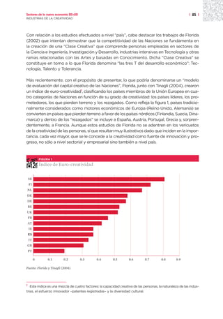 Sectores de la nueva economía 20+20                                                                         | 25 |
INDUSTRIAS DE LA CREATIVIDAD




Con relación a los estudios efectuados a nivel “país”, cabe destacar los trabajos de Florida
(2002) que intentan demostrar que la competitividad de las Naciones se fundamenta en
la creación de una “Clase Creativa” que comprende personas empleadas en sectores de
la Ciencia e Ingeniería, Investigación y Desarrollo, industrias intensivas en Tecnología y otras
ramas relacionadas con las Artes y basadas en Conocimiento. Dicha “Clase Creativa” se
constituye en torno a lo que Florida denomina “las tres T del desarrollo económico”: Tec-
nología, Talento y Tolerancia.

Más recientemente, con el propósito de presentar, lo que podría denominarse un “modelo
de evaluación del capital creativo de las Naciones”, Florida, junto con Tinagli (2004), crearon
un índice de euro-creatividad1, clasificando los países miembros de la Unión Europea en cua-
tro categorías de Naciones en función de su grado de creatividad: los países líderes, los pro-
metedores, los que pierden terreno y los rezagados. Como refleja la figura 1, países tradicio-
nalmente considerados como motores económicos de Europa (Reino Unido, Alemania) se
convierten en países que pierden terreno a favor de los países nórdicos (Finlandia, Suecia, Dina-
marca) y dentro de los “rezagados” se incluye a España, Austria, Portugal, Grecia y, sorpren-
dentemente, a Francia. Aunque estos estudios de Florida no se adentren en los vericuetos
de la creatividad de las personas, sí que resultan muy ilustrativos dado que inciden en la impor-
tancia, cada vez mayor, que se le concede a la creatividad como fuente de innovación y pro-
greso, no sólo a nivel sectorial y empresarial sino también a nivel país.



             FIGURA 1

             Índice de Euro-creatividad

    SE
    FI
NL
DK
DE
    BE
UK
    FR
    AT
    IE
    ES
    IT
    GR
    PT

         0        0.1      0.2        0.3     0.4        0.5        0.6        0.7       0.8       0.9

Fuente: Florida y Tinagli (2004).




1
   Este índice es una mezcla de cuatro factores: la capacidad creativa de las personas, la naturaleza de las indus-
trias, el esfuerzo innovador –patentes registradas– y la diversidad cultural.
 