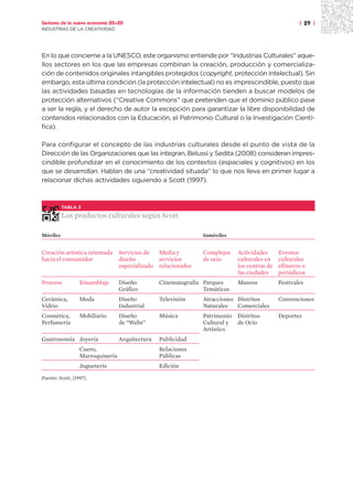 Sectores de la nueva economía 20+20                                                                    | 29 |
INDUSTRIAS DE LA CREATIVIDAD




En lo que concierne a la UNESCO, este organismo entiende por “Industrias Culturales” aque-
llos sectores en los que las empresas combinan la creación, producción y comercializa-
ción de contenidos originales intangibles protegidos (copyright, protección intelectual). Sin
embargo, esta última condición (la protección intelectual) no es imprescindible, puesto que
las actividades basadas en tecnologías de la información tienden a buscar modelos de
protección alternativos (“Creative Commons” que pretenden que el dominio público pase
a ser la regla, y el derecho de autor la excepción para garantizar la libre disponibilidad de
contenidos relacionados con la Educación, el Patrimonio Cultural o la Investigación Cientí-
fica).

Para configurar el concepto de las industrias culturales desde el punto de vista de la
Dirección de las Organizaciones que las integran, Belussi y Sedita (2008) consideran impres-
cindible profundizar en el conocimiento de los contextos (espaciales y cognitivos) en los
que se desarrollan. Hablan de una “creatividad situada” lo que nos lleva en primer lugar a
relacionar dichas actividades siguiendo a Scott (1997).



          TABLA 3

          Los productos culturales según Scott

Móviles                                                          Inmóviles


Creación artística orientada      Servicios de    Media y        Complejos    Actividades      Eventos
hacia el consumidor               diseño          servicios      de ocio      culturales en    culturales
                                  especializado   relacionados                los centros de   efímeros o
                                                                              las ciudades     periódicos
Proceso           Ensamblaje      Diseño          Cinematografía Parques      Museos           Festivales
                                  Gráfico                        Temáticos
Cerámica,         Moda            Diseño          Televisión     Atracciones Distritos         Convenciones
Vidrio                            Industrial                     Naturales   Comerciales
Cosmética,        Mobiliario      Diseño          Música         Patrimonio   Distritos        Deportes
Perfumería                        de “Webs”                      Cultural y   de Ocio
                                                                 Artístico
Gastronomía Joyería               Arquitectura    Publicidad
                  Cuero,                          Relaciones
                  Marroquinería                   Públicas
                  Juguetería                      Edición

Fuente: Scott, (1997).
 