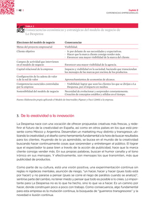 | 42 |                                                                                                       Capítulo 2
                                                                                           EXPERIENCIAS EMPRESARIALES




         TABLA 2

         Consecuencias económicas y estratégicas del modelo de negocio de
         La Despensa

Elecciones del modelo de negocio                 Consecuencias
Metas del proyecto empresarial                   Visibilidad.
Cliente objetivo                                 · Ir por delante de sus necesidades y expectativas.
                                                 · Hacer que la marca cliente consiga vender más.
                                                 · Favorecer una mayor visibilidad de la marca del cliente.
Campos de actividad que intervienen
en el modelo de negocio                          Favorecer una mayor visibilidad de la agencia.
Capital relacional de la empresa                 Impacto y visibilidad en la sociedad, haciendo que transciendan
                                                 los mensajes de las marcas por encima de los productos.
Configuración de la cadena de valor
o de la red de valor                             Aprovechamientos de economías de alcance.
Competencias esenciales controladas              · Visibilidad: lograr que sean los clientes los que se dirijan a La
por la empresa                                     Despensa, por el impacto en medios.
Sostenibilidad del modelo de negocio             Necesidad de evolucionar y sorprender constantemente.
                                                 Creación de conceptos estables y sólidos en el tiempo.

Fuente: Elaboración propia aplicando el Modelo de Osterwalder, Pigneur y Tucci (2005) a la empresa.




3.   De la creatividad a la innovación

La Despensa nace con una vocación de ofrecer propuestas creativas más frescas, y rede-
finir el futuro de la creatividad en España, así como en otros países en los que está pre-
sente como México y Argentina. Desarrollan un marketing muy distinto y transgresor, uti-
lizando la creatividad y el diseño como herramienta fundamental a la hora de buscar resultados
para los clientes. Huyendo de lo ya aprendido, se bucea en el mundo de la creatividad
buscando hacer continuamente cosas que sorprendan y entretengan al público. El lograr
que el espectador lo pase bien a través de la acción de publicidad, hace que la marca
cliente consiga vender más. En sus propias palabras, buscan el humor canalla y el tono
irónico en sus mensajes. Y efectivamente, son mensajes los que transmiten, más que
publicidad de productos.

Como parte de su cultura, está una visión positiva, una experimentación continua sin
reglas ni rigideces mentales, asunción de riesgo, “un hacer, hacer y hacer (pues todo está
por hacer) y no pararse a pensar (pues se corre el riego de parálisis cuando se analiza)”,
sentirse parte del cambio, no tener miedo y pensar que todo es posible si lo crees. Lo impor-
tante para La Despensa no es lo que ha hecho, sino lo que va a hacer. Es un camino por
hacer, donde construyen poco a poco con trabajo. Como consecuencia, algo fundamental
para esta empresa es la mutación continua, la búsqueda de “guerreros transgresores” y la
novedad e ilusión continua.
 