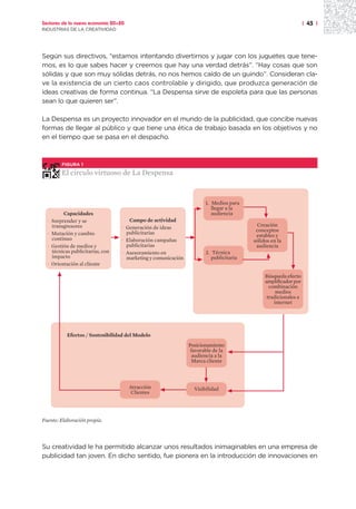 Sectores de la nueva economía 20+20                                                                               | 43 |
INDUSTRIAS DE LA CREATIVIDAD




Según sus directivos, “estamos intentando divertirnos y jugar con los juguetes que tene-
mos, es lo que sabes hacer y creemos que hay una verdad detrás”. “Hay cosas que son
sólidas y que son muy sólidas detrás, no nos hemos caído de un guindo”. Consideran cla-
ve la existencia de un cierto caos controlable y dirigido, que produzca generación de
ideas creativas de forma continua. “La Despensa sirve de espoleta para que las personas
sean lo que quieren ser”.

La Despensa es un proyecto innovador en el mundo de la publicidad, que concibe nuevas
formas de llegar al público y que tiene una ética de trabajo basada en los objetivos y no
en el tiempo que se pasa en el despacho.



          FIGURA 1

          El círculo virtuoso de La Despensa


                                                                        1. Medios para
                                                                           llegar a la
           Capacidades                                                     audiencia
  ·   Sorprender y se                  Campo de actividad
      transgresores                 · Generación de ideas                                   Creación
                                      publicitarias                                        conceptos
  ·   Mutación y cambio                                                                    estables y
      continuo                      · Elaboración campañas                                sólidos en la
  ·   Gestión de medios y             publicitarias                                        audiencia
      técnicas publicitarias, con   · Asesoramiento en                  2. Técnica
      impacto                         marketing y comunicación             publicitaria
  ·   Orientación al cliente

                                                                                               Búsqueda efecto
                                                                                               amplificador por
                                                                                                 combinación
                                                                                                    medios
                                                                                                tradicionales e
                                                                                                   internet




             Efectos / Sostenibilidad del Modelo
                                                                 Posicionamiento
                                                                  favorable de la
                                                                   audiencia a la
                                                                  Marca cliente




                                       Atracción                   Visibilidad
                                       Clientes




Fuente: Elaboración propia.




Su creatividad le ha permitido alcanzar unos resultados inimaginables en una empresa de
publicidad tan joven. En dicho sentido, fue pionera en la introducción de innovaciones en
 
