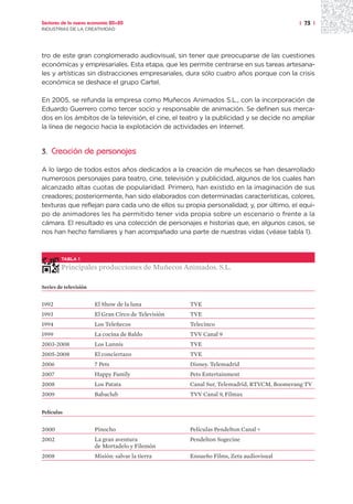 Sectores de la nueva economía 20+20                                                       | 73 |
INDUSTRIAS DE LA CREATIVIDAD




tro de este gran conglomerado audiovisual, sin tener que preocuparse de las cuestiones
económicas y empresariales. Esta etapa, que les permite centrarse en sus tareas artesana-
les y artísticas sin distracciones empresariales, dura sólo cuatro años porque con la crisis
económica se deshace el grupo Cartel.

En 2005, se refunda la empresa como Muñecos Animados S.L., con la incorporación de
Eduardo Guerrero como tercer socio y responsable de animación. Se definen sus merca-
dos en los ámbitos de la televisión, el cine, el teatro y la publicidad y se decide no ampliar
la línea de negocio hacia la explotación de actividades en Internet.


3.   Creación de personajes

A lo largo de todos estos años dedicados a la creación de muñecos se han desarrollado
numerosos personajes para teatro, cine, televisión y publicidad, algunos de los cuales han
alcanzado altas cuotas de popularidad. Primero, han existido en la imaginación de sus
creadores; posteriormente, han sido elaborados con determinadas características, colores,
texturas que reflejan para cada uno de ellos su propia personalidad; y, por último, el equi-
po de animadores les ha permitido tener vida propia sobre un escenario o frente a la
cámara. El resultado es una colección de personajes e historias que, en algunos casos, se
nos han hecho familiares y han acompañado una parte de nuestras vidas (véase tabla 1).



        TABLA 1

        Principales producciones de Muñecos Animados. S.L.

Series de televisión


1992                   El Show de la luna            TVE
1993                   El Gran Circo de Televisión   TVE
1994                   Los Teleñecos                 Telecinco
1999                   La cocina de Baldo            TVV Canal 9
2003-2008              Los Lunnis                    TVE
2005-2008              El conciertazo                TVE
2006                   7 Pets                        Disney. Telemadrid
2007                   Happy Family                  Pets Entertainment
2008                   Los Patata                    Canal Sur, Telemadrid, RTVCM, Boomerang TV
2009                   Babaclub                      TVV Canal 9, Filmax

Películas


2000                   Pinocho                       Películas Pendelton Canal +
2002                   La gran aventura              Pendelton Sogecine
                       de Mortadelo y Filemón
2008                   Misión: salvar la tierra      Ensueño Films, Zeta audiovisual
 