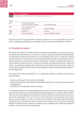 | 74 |                                                                                    Capítulo 2
                                                                        EXPERIENCIAS EMPRESARIALES




         TABLA 1 (CONTINUACIÓN)

         Principales producciones de Muñecos Animados. S.L.

Teatro
2004                 La reina de las nieves
                     y otros cuentos de Andersen   Érase Producciones
2005                 Yo Cervantes tuve otras
                     cosas que hacer               Fundación Siglo
2006                 Tirititaina                   Axioma
2007                 A la luz de Góngora           Centro Andaluz de Teatro



Entre los muchos reconocimientos destaca la obtención, en el año 2004, del premio
GOYA de efectos especiales por la película “La gran aventura de Mortadelo y Filemón”.



4.   El modelo de negocio

El modelo de negocio se refiere a la forma en la que una empresa crea valor para los con-
sumidores de sus productos y la manera en la que se apropia de parte del valor generado,
a través de los ingresos que percibe por sus actividades. Para que un modelo de negocio
sea sostenible en el tiempo tiene que conseguir diferenciarse del de sus posibles compe-
tidores, para que su proposición de valor no pueda ser copiada o superada por otros y, al
mismo tiempo, genere de forma continua los ingresos suficientes para asumir todos sus
costes. Las nuevas tecnologías de la información y las telecomunicaciones han puesto en
primer plano el problema de la definición del modelo de negocio para las empresas de con-
tenido audiovisual.

En el caso de “Muñecos Animados S.L.” su modelo de negocio se sustenta en tres pilares
fundamentales:

· Diseño y construcción de muñecos articulados.
· Producción de series audiovisuales para el público infantil con muñecos articulados como
  protagonistas.
· Formación en manipulación de los muñecos.

Los beneficios provienen, fundamentalmente, de la licencia de los derechos para la explo-
tación de los muñecos por parte de los fabricantes de juguetes y los editores de libros infan-
tiles, así como para cualquier otro objeto de consumo infantil que se quiera asociar a la ima-
gen de los personajes. Para que exista una demanda alta es fundamental que la serie
tenga una gran audiencia y cale en el público. En el ámbito de la publicidad, los ingresos
se generan en la construcción de los muñecos. Por ejemplo, con motivo del mundial de
fútbol de Suráfrica se han creado los muñecos de los jugadores de la Selección Española
Casillas y Villa para un anuncio publicitario.
 