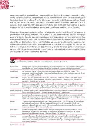 | 84 |                                                                                                     Capítulo 2
                                                                                      EXPERIENCIAS EMPRESARIALES




grales en creación y producción de imagen sintética y dispone de equipos propios de produc-
ción y postproducción de imagen digital, lo que permite realizar todas las fases del proyecto
hasta la entrega del producto final. Su último gran proyecto, en 2010, es una película de ani-
mación para adultos, titulada “Chico y Rita”, en colaboración con el director Fernando Trueba,
ganador de un Óscar de Hollywood. La película tiene más de 125.000 ilustraciones, lo que da
idea una del esfuerzo, capacidad de trabajo y de gestión que requiere para el Estudio.

El número de proyectos que se realizan al año oscila alrededor de los treinta, aunque se
puede estar trabajando en torno a los cuarenta o cincuenta de forma paralela. El equipo
permanente del Estudio está compuesto por treinta personas aproximadamente. Esta
cifra puede aumentar hasta cien colaboradores incorporados a cada proyecto. Aproxima-
damente, las dos terceras partes son titulados, ya sean de grado medio o superior. Hay
trabajadores de distintos países y un porcentaje importante son mujeres. La facturación
habitual se mueve alrededor de los dos millones y medio de euros, pero con la creación
de una UTE (Unión Temporal de Empresas) para la realización de la película, en el último
año ascendió a casi cinco millones de euros.



         TABLA 1

         Decálogo de intenciones (incompleto) del Estudio Mariscal

Comunicar          El lenguaje es sintético, de pocos trazos y de mucha expresividad. Tras la ingenuidad del gesto,
                   siempre hay una intención provocadora que conecta con la gente, comunica y transmite.
Interpretar        Lo mejor del diseño es que te permite interpretar las cosas –todas las cosas– y de
                   encontrar nuevos significados a través del hallazgo de nuevas formas, para expresar de un
                   modo personal la realidad.
Transmitir         Lograr que la elección de las letras, los colores, los símbolos, acaben formando, al caer
                   ordenadamente sobre un fondo, una marca que transmita valores, actitud, tendencia,
                   carácter y filosofía. Por lo menos.
Ser esencial       Expresar cosas esenciales con los mínimos elementos. Encontrar el equilibrio, el punto
                   justo que se requiere para dejar huella. Lograr que el receptor asocie la marca con todo
                   aquello que se pretendía mientras íbamos diseñando. Nada más.
Hacer cosquillas El diseño, como el arte, encuentra su sentido cuando aporta algo al destinatario, cuando
                 hace cosquillas al cerebro y ayuda a pensar (a nosotros y a los otros).
Avisar             Los carteles fueron un gran invento de la sociedad industrial, nacieron anunciando el
                   futuro. Hacer un cartel es volver a los orígenes, experimentar una cierta nostalgia y rozar,
                   como con ningún otro encargo, la libertad que da la obra artística.
Reírse             Transgredir con humor e ironía, para resultar expresivo y efectivo. Reírse de uno mismo,
                   de lo sagrado, de lo intocable, del poder, de lo más serio, de lo dramático, de lo que
                   odiamos más, de lo que nos parece más tonto, de lo tonto que somos, de lo bien que lo
                   estamos pasando y de lo mal que va la vida.
Reciclarse         Nuevas herramientas para los nuevos tiempos. La exigencia de comunicar es lo único
                   inalterable. Al diseñador, las nuevas tecnologías le ofrecen oportunidades, le abren
                   campos, le renuevan su trabajar y dan aire fresco a su trabajo.
Avanzar            A veces, el proceso del diseño nos permite dar nuevos significados a antiguas formas o
                   nuevas formas a antiguos significados. Y así sentimos que a través de nuestro trabajo
                   avanzamos, innovamos, insinuamos o inspiramos. Para que los tiempos sigan cambiando.
                   Para no ser evidente.

Fuente: www.mariscal.es.
 