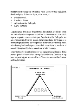 pueden clasificarse para estimar su valor y concebir su ejecución,
dando origen a diferentes tipos, entre otros, a:
§ Precio Global
§ Precios unitarios
§ Administración Delegada
§ Llave en Mano

Dependiendo de la clase de contrato a desarrollar, así mismo serán
los controles que tenga que coordinar la Interventoría. Por decir
algo al respecto, en un contrato por Administración Delegada, los
aspectos administrativos, juegan papel importante por lo que se le
debe dar aprobación a las compras de materiales, nóminas y otras,
así mismo girar los cheques para cubrir estas facturas, es decir, el
aspecto financiero lo dirige y controla la Interventoría.
El contrato debe estar firmado por los representantes legales de las
partes, que en él intervienen. De aquí en adelante el Contrato es ley
para las partes y por lo tanto debe ceñirse a las normas fiscales que
así lo determinan.


  Gráfica 2
                       OBJETIVOS DE LA OBRA

                              PLANEACION
                               (Cronograma)




                            OBRA
     PRESUPUESTO                                      CALIDAD
        (Costos)                                   (Especificaciones)



                                 35
 