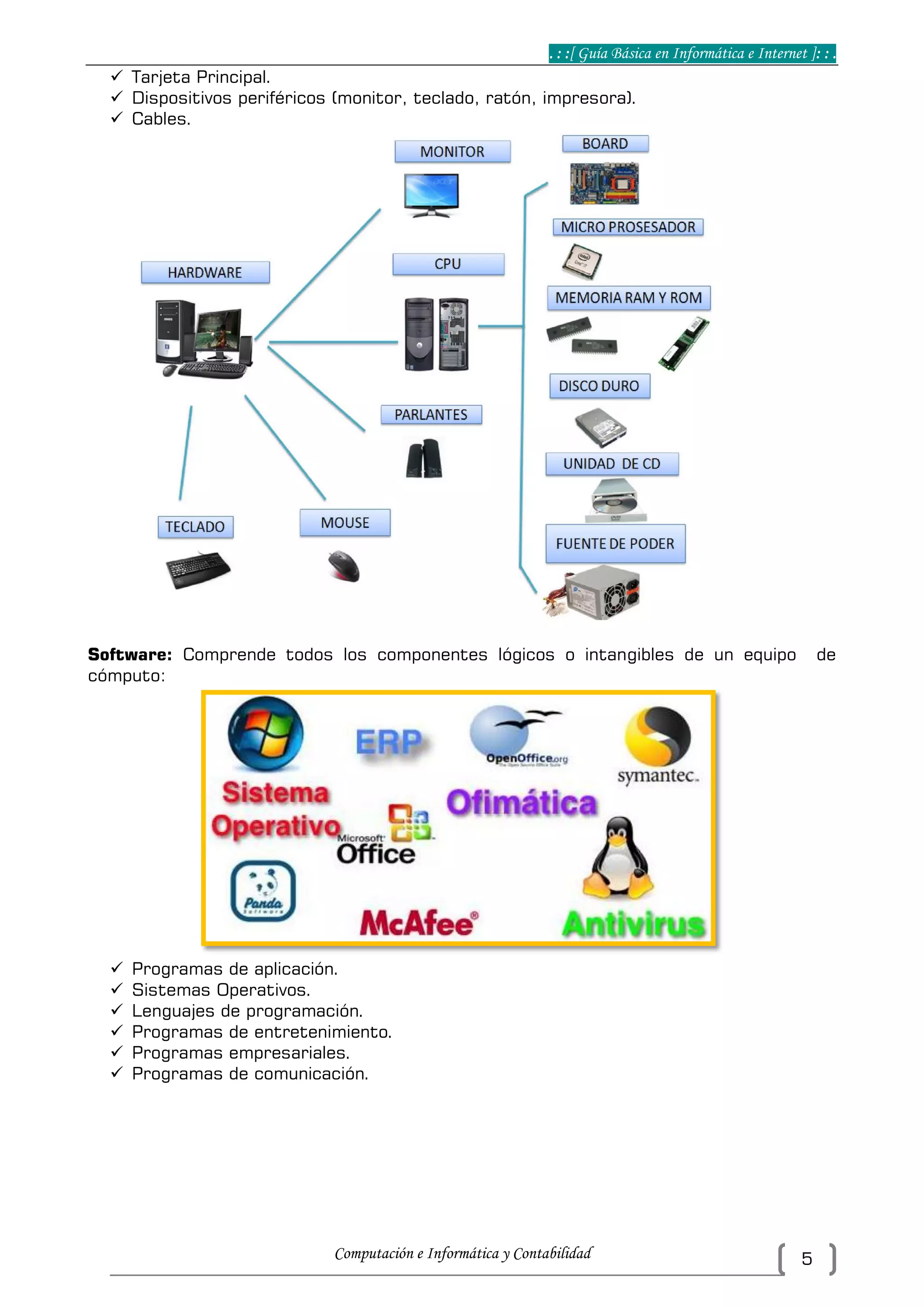 . : :[ Guía Básica en Informática e Internet ]: : .
Computación e Informática y Contabilidad 5
 Tarjeta Principal.
 Dispositivos periféricos (monitor, teclado, ratón, impresora).
 Cables.
Software: Comprende todos los componentes lógicos o intangibles de un equipo de
cómputo:
 Programas de aplicación.
 Sistemas Operativos.
 Lenguajes de programación.
 Programas de entretenimiento.
 Programas empresariales.
 Programas de comunicación.
 