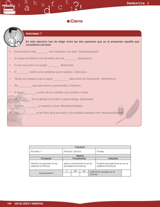 Cierre

                Actividad: 7

                En este ejercicio has de elegir entre las dos opciones que se te presentan aquélla que
                consideres correcta:

 •    Este producto está _________ con impuestos muy altos. Grabado/gravado

 •    El campo de fútbol no era de hierba sino de _________. Graba/grava.

 •    Yo aún soy joven y no puedo _________. Botar/votar.

 •    El _________ ordenó a los soldados que no salieran. Cabo/cavo

 •    Tienes que esperar a que el agua ____________ para echar los macarrones. Hierba/hierva.

 •    No __________ valor para decir lo que pensaba. Tubo/tuvo.

 •    A veces _________ a verlo y él se mostraba muy contento. Iva/iba.

 •    La __________ de los árboles es similar a nuestra sangre. Sabia/savia.

 •    Nos han __________ un secreto a voces. Revelado/rebelado.

 •    Has ____________ ya las fotos de la excursión y han quedado bastante bien. Revelado/rebelado.




                                                                   Evaluación

                    Actividad: 7                       Producto: Ejercicio                Puntaje:

                                                                    Saberes
                               Conceptual                       Procedimental                         Actitudinal

                    Identifica el significado de las   Aplica correctamente el uso de     Emplea adecuadamente el uso de
                    palabras homófonas.                las palabras homófonas.            palabras homófonas.

                                                         C       MC          NC   Calificación otorgada por el
                             Autoevaluación
                                                                                  docente




106   USO DE LÉXICO Y SEMÁNTICA
 