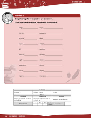 Actividad: 2
               Corrige la ortografía de las palabras que lo necesiten.

               En los espacios de la derecha, escríbelas en forma correcta:


                      surgir_____________________ trájico__________________________


                      lisonjero__________________          pasagera_______________________


                      legítima__________________           bujía___________________________


                      página____________________ encaje_________________________


                      ájil_______________________          quegido________________________


                      ejemplar__________________           vendaje________________________


                      fugitivo___________________          sigiloso________________________


                      enajenado_________________ gícara_________________________


                      sedujo____________________ mejilla_________________________


                      vigilante__________________          intangible______________________




                                                           Evaluación

              Actividad: 2                      Producto: Ejercicio                   Puntaje:

                                                             Saberes
                         Conceptual                       Procedimental                           Actitudinal

              Conoce las reglas de uso de las   Practica las reglas de uso de las
                                                                                      Respeta el uso de las reglas.
              grafías G y J.                    grafías G y J.

                                                  C        MC         NC     Calificación otorgada por el
                       Autoevaluación
                                                                             docente




160   USO DE LÉXICO Y SEMÁNTICA
 