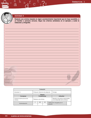 Actividad: 5
             Redacta una crónica basada en algún acontecimiento importante que te haya sucedido, a
             un familiar o persona cercana. Sigue los criterios señalados en el ejemplo y cuida la
             redacción y ortografía.


___________________________________________________________________________________________________
___________________________________________________________________________________________________
___________________________________________________________________________________________________
___________________________________________________________________________________________________
___________________________________________________________________________________________________
___________________________________________________________________________________________________
___________________________________________________________________________________________________
___________________________________________________________________________________________________
___________________________________________________________________________________________________
___________________________________________________________________________________________________
___________________________________________________________________________________________________
___________________________________________________________________________________________________
___________________________________________________________________________________________________
___________________________________________________________________________________________________
___________________________________________________________________________________________________
___________________________________________________________________________________________________
___________________________________________________________________________________________________
___________________________________________________________________________________________________
___________________________________________________________________________________________________
___________________________________________________________________________________________________
__________________________________________________________________________________________________




                                                      Evaluación

             Actividad: 5                  Producto: Ejercicio de redacción    Puntaje:

                                                       Saberes
                        Conceptual                  Procedimental                          Actitudinal
             Conoce la estructura de la                                        Muestra una actitud responsable,
                                           Redacta una crónica.
             crónica.                                                          en el desarrollo de la crónica.
                                             C       MC        NC      Calificación otorgada por el
                      Autoevaluación
                                                                       docente




204     CLASIFICA LOS TEXTOS EXPOSITIVOS
 
