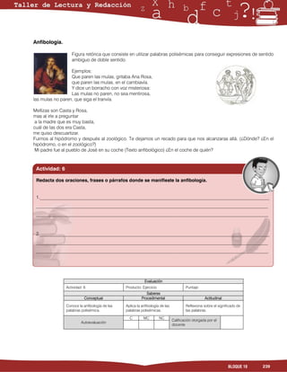 Anfibología.

                   Figura retórica que consiste en utilizar palabras polisémicas para conseguir expresiones de sentido
                   ambiguo de doble sentido.

                  Ejemplos:
                  Que paren las mulas, gritaba Ana Rosa,
                  que paren las mulas, en el cambiavía.
                  Y dice un borracho con voz misteriosa:
                  Las mulas no paren, no sea mentirosa,
las mulas no paren, que siga el tranvía.

Mellizas son Casta y Rosa,
mas al irle a preguntar
 a la madre que es muy basta,
cuál de las dos era Casta,
me quiso descuartizar.
Fuimos al hipódromo y después al zoológico. Te dejamos un recado para que nos alcanzaras allá. (¿Dónde? ¿En el
hipódromo, o en el zoológico?)
 Mi padre fue al pueblo de José en su coche (Texto anfibológico) ¿En el coche de quién?



 Actividad: 6

 Redacta dos oraciones, frases o párrafos donde se manifieste la anfibología.


 1.__________________________________________________________________________________________________
 ___________________________________________________________________________________________________
 ___________________________________________________________________________________________________



 2.__________________________________________________________________________________________________
 ___________________________________________________________________________________________________
 ___________________________________________________________________________________________________




                                                           Evaluación
                Actividad: 6                   Producto: Ejercicio                    Puntaje:
                                                            Saberes
                           Conceptual                    Procedimental                            Actitudinal

                Conoce la anfibología de las   Aplica la anfibología de las           Reflexiona sobre el significado de
                palabras polisémica.           palabras polisémicas.                  las palabras.

                                                 C        MC         NC
                                                                              Calificación otorgada por el
                         Autoevaluación
                                                                              docente




                                                                                                                BLOQUE 10   239
 