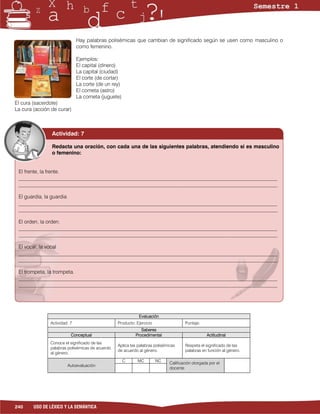 Hay palabras polisémicas que cambian de significado según se usen como masculino o
                              como femenino.

                              Ejemplos:
                              El capital (dinero)
                              La capital (ciudad)
                              El corte (de cortar)
                              La corte (de un rey)
                              El cometa (astro)
                              La cometa (juguete)
El cura (sacerdote)
La cura (acción de curar)



                Actividad: 7

                Redacta una oración, con cada una de las siguientes palabras, atendiendo si es masculino
                o femenino:


 El frente, la frente.
 ___________________________________________________________________________________________________
 ___________________________________________________________________________________________________

 El guardia, la guardia
 ___________________________________________________________________________________________________
 ___________________________________________________________________________________________________

 El orden, la orden.
 ___________________________________________________________________________________________________
 ___________________________________________________________________________________________________

 El vocal, la vocal
 ___________________________________________________________________________________________________
 ___________________________________________________________________________________________________

 El trompeta, la trompeta.
 ___________________________________________________________________________________________________
 ___________________________________________________________________________________________________




                                                            Evaluación
               Actividad: 7                      Producto: Ejercicio                 Puntaje:
                                                             Saberes
                          Conceptual                      Procedimental                          Actitudinal
               Conoce el significado de las
                                                 Aplica las palabras polisémicas     Respeta el significado de las
               palabras polisémicas de acuerdo
                                                 de acuerdo al género.               palabras en función al género.
               al género.
                                                     C      MC         NC
                                                                             Calificación otorgada por el
                        Autoevaluación
                                                                             docente




240     USO DE LÉXICO Y LA SEMÁNTICA
 