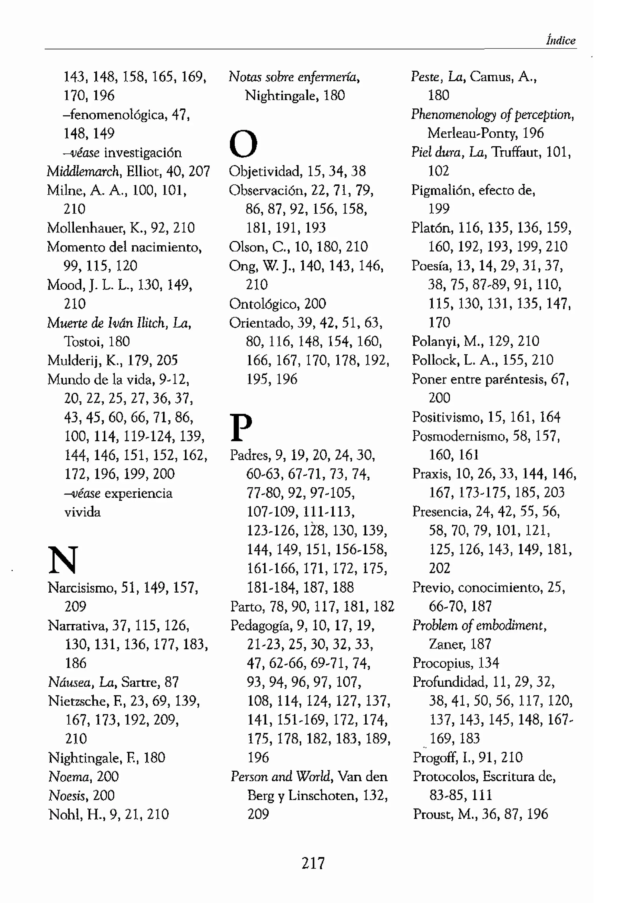 -------------------------------------------
.,
I ludiee
-poder de!, 13, 128-131
-hablado, 127, 128, 147,
202
dnas, E., 35,192,
209
lschoten, J., 38, 121,
122, 1.32,209,212
eratura, 37, 62,74,87,
88, 92, 96, 100, 115,
119, 141, 158, 171, 188
t, Th., 21, 209
¡OS, 25, 34, 46, 51, 147,
149
"kmann, T., 27, 119,
200,211
ti
leda, e., 10, 180,
Z09
llinowski, B., 194
m, Tune and Wori.d,
Straus, 91, 211
¡reel, O., 31, 41, 70, .
77,92,93,109, 125,
13Z, 168, 188, 192,
209
:Hugh, P., 188, 195, 206,
209
,ad, O. H., 198, 209
,han, H., 194, 209
:rleau-Ponty, M., 15,28,
31,36,41,50,51,56,
58, 59, 72,92,93, U4,
120, 132, 142, 145, 148,
167,188,196, 198, 199,
200,201,209,210
"áfora, 67-69,197, 199
,todología, 20, 21, 23,
39,45-48,59,93, 137,
143,148,158,165,169,
170,196
1 -fenomenológica, 47,
• 148, 149
-4Jéa$c investigación
Miclcllemarch, ElIiot, 40, 207
Miloe, A A, 100, 101,
110
Mollenhauer, K., 92, 210
Momento del nadmientot
99, 115, 120
Mood, J. L. L., 130, 149,
210
Muerte de ¡ván llitch, La,
1
Tostoi, 180
Mulderij, K., 179, 205
I
Mundo de la vida, 9-12,
20, 22, 25, 27,36,37,
43, 45, 60, 66, 71, 86,
100,114, 119-124, 139,
144, 146, 151, 152, 162,
172, 196, 199,200
-véase experiencia
vivida
N
Narcisismo, 51, 149, 157,
209
Narrativa, 37,115, 126,
130,131,136,177, 183,
186
Náuseaj La) Sartre, 87
Nietzsche, R, 23,69, 139,
161,173,192,209,
210
Nightingale, F., 180
Noema, 200
Noesís,200
Nohl, 11_, 9, 21, 210
Notas sobre enfenneTÚl.
Nightingale, 180
OObjetividad, 15,34,38
Observación, 22, 71, 79,
86,87,92, 156, 158,
181,191,193
Ol,on, c., 10, 180, 210
Ong, W. J., 140, 143, 146,
210
Ontológico, 200
Orientado, 39, 42, 51, 63,
80, 116, 148, 154, 160,
166,167,170,178,192,
195, 196
PPadres, 9, 19, 20, 24, 30,
60-63,67-71, 73, 74,
77-80,92,97-105,
107-109, lll-m,
123-126, liB, 130, 139,
144, 149, 151, 156-158,
161.166,171,172,175,
181-184,187,188
Parto, 78,90, 117, 181, 182
Pedagog¡a, 9,10,17,19,
21-23, 25, 30, 32, 33,
47,62-66,69-71,74,
93,94,96,97,107,
108, 114, 124, 127, 137,
141,151-169,172,174,
175,178,182,183,189,
196
Penan ancl Warld, Van den
Berg y linschoten, 132,
209
217
Pestel La, Camus, A.•
180
Phenomel1Ology of perceprion,
Merleau-Ponty, 196
Piel dura, La, Truffaut, 101,
102
Pigmalión, efecto de,
199
Platón, 116, 135, 136, 159,
160, 192, 193, 199, 210
Poesía, 13, 14, 29, 31, 37,
38,75,87-89,91,110,
115,130,131,135,147,
170
Polanyi, M., 129, 210
Pollock, L. A, 155, 210
Poner entre paréntesis! 671
10O
Positivismo, 15, 161, 164
Posmodernismo, 58, 157,
160, 161
Praxis, 10,26,33, 144, 146,
167,173-175,185,203
Presencia, 14, 42, 55, 56,
58, 70, 79, 101, 121,
125, 126, 143, 149, 181,
202
Previo, conocimiento, 25,
66-70, 187
Problem ofembodiment,
Zaner, 187
Ptocopius, 134
Ptofundidad, 11, 29,32,
38,41,50,56, 117, 120,
137,143,145,148, 167-
169, 183
Progoff, l., 91, 210
Protocolos, Escritura de,
83-85,111
Proust, M., 36, 87, 196
 