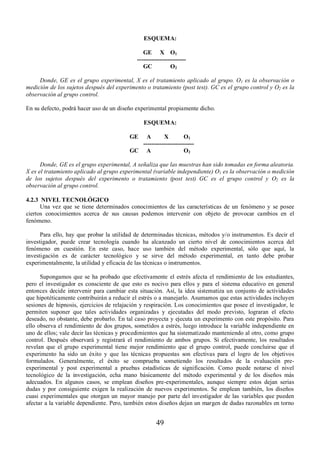 ESQUEMA: 
GE X O1 
------------------------ 
GC O2 
Donde, GE es el grupo experimental, X es el tratamiento aplicado al grupo. O1 es la observación o 
medición de los sujetos después del experimento o tratamiento (post test). GC es el grupo control y O2 es la 
observación al grupo control. 
En su defecto, podrá hacer uso de un diseño experimental propiamente dicho. 
ESQUEMA: 
GE A X O1 
------------------------- 
GC A O2 
Donde, GE es el grupo experimental, A señaliza que las muestras han sido tomadas en forma aleatoria. 
X es el tratamiento aplicado al grupo experimental (variable independiente) O1 es la observación o medición 
de los sujetos después del experimento o tratamiento (post test) GC es el grupo control y O2 es la 
observación al grupo control. 
4.2.3 NIVEL TECNOLÓGICO 
Una vez que se tiene determinados conocimientos de las características de un fenómeno y se posee 
ciertos conocimientos acerca de sus causas podemos intervenir con objeto de provocar cambios en el 
fenómeno. 
Para ello, hay que probar la utilidad de determinadas técnicas, métodos y/o instrumentos. Es decir el 
investigador, puede crear tecnología cuando ha alcanzado un cierto nivel de conocimientos acerca del 
fenómeno en cuestión. En este caso, hace uso también del método experimental, sólo que aquí, la 
investigación es de carácter tecnológico y se sirve del método experimental, en tanto debe probar 
experimentalmente, la utilidad y eficacia de las técnicas o instrumentos. 
Supongamos que se ha probado que efectivamente el estrés afecta el rendimiento de los estudiantes, 
pero el investigador es consciente de que esto es nocivo para ellos y para el sistema educativo en general 
entonces decide intervenir para cambiar esta situación. Así, la idea sistematiza un conjunto de actividades 
que hipotéticamente contribuirán a reducir el estrés o a manejarlo. Asumamos que estas actividades incluyen 
sesiones de hipnosis, ejercicios de relajación y respiración. Los conocimientos que posee el investigador, le 
permiten suponer que tales actividades organizadas y ejecutadas del modo previsto, lograran el efecto 
deseado, no obstante, debe probarlo. En tal caso proyecta y ejecuta un experimento con este propósito. Para 
ello observa el rendimiento de dos grupos, sometidos a estrés, luego introduce la variable independiente en 
uno de ellos; vale decir las técnicas y procedimientos que ha sistematizado manteniendo al otro, como grupo 
control. Después observará y registrará el rendimiento de ambos grupos. Si efectivamente, los resultados 
revelan que el grupo experimental tiene mejor rendimiento que el grupo control, puede concluirse que el 
experimento ha sido un éxito y que las técnicas propuestas son efectivas para el logro de los objetivos 
formulados. Generalmente, el éxito se comprueba sometiendo los resultados de la evaluación pre-experimental 
y post experimental a pruebas estadísticas de significación. Como puede notarse el nivel 
tecnológico de la investigación, echa mano básicamente del método experimental y de los diseños más 
adecuados. En algunos casos, se emplean diseños pre-experimentales, aunque siempre estos dejan serias 
dudas y por consiguiente exigen la realización de nuevos experimentos. Se emplean también, los diseños 
cuasi experimentales que otorgan un mayor manejo por parte del investigador de las variables que pueden 
afectar a la variable dependiente. Pero, también estos diseños dejan un margen de dudas razonables en torno 
49 
 