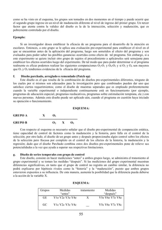 como se ha visto en el esquema, los grupos son tomados en dos momentos en el tiempo y puede ocurrir que 
el segundo grupo ingrese en un nivel de maduración diferente al nivel de ingreso del primer grupo. Un tercer 
factor que atenta contra la validez del diseño es la de la interacción, selección y maduración, que es 
pobremente controlado por el diseño. 
Ejemplo: 
Si un investigador desea establecer la eficacia de un programa para el desarrollo de la atención en 
escolares. Entonces, a este grupo se le aplica una evaluación pre-experimental para establecer el nivel en el 
que se encuentran antes de la aplicación del programa, luego son sometidos al efecto del programa y son 
evaluados para poder saber las posibles ganancias ocurridas como efecto de tal programa. Sin embargo, si a 
este experimento se quiere incluir otro grupo de sujetos el procedimiento a aplicárseles será semejante para 
establecer los efectos ocurridos luego del experimento. De tal modo que para poder determinar si el programa 
realmente es eficaz podemos realizar las siguientes comparaciones O2-O1 y O4-O3 y si O2 y O4 son mayores 
que O1 y O3 tendremos evidencias de la eficacia del programa. 
f. Diseño parchado, arreglado o remendado (Patch up) 
Este diseño es el que resulta de la combinación de diseños pre-experimentales diferentes, ninguno de 
los cuales por si mismos son adecuados para la investigación pero que combinados pueden dar uno que 
satisface ciertos requerimientos; como el diseño de muestras separadas que es empleado preferentemente 
cuando la variable experimental o independiente continuamente está en funcionamiento (por ejemplo, 
programas de educación especial, programas reeducativos, programas sobre estimulación temprana, etc.) con 
nuevas personas. Además este diseño puede ser aplicado aún, cuando el programa en cuestión haya iniciado 
su operación o funcionamiento. 
ESQUEMA: 
55 
GRUPO A X O1 
------------------------------------- 
GRUPO B O2 X O3 
Con respecto al esquema es necesario señalar que el diseño pre-experimental de comparación estática, 
tiene capacidad de control de factores como la maduración y la historia, pero falla en el control de la 
selección; por otro lado, el diseño de un grupo antes y después proporcionaba algún control sobre los efectos 
de la selección pero fracasa por completo en el control de los efectos de la historia, la maduración y la 
regresión; dado que el diseño Parchado combina estos dos diseños pre-experimentales pone de relieve sus 
potencialidades a la vez que ayuda a superar sus respectivas limitaciones. 
g. Diseño de series temporales con grupo de control 
Este diseño, consiste en hacer mediciones “antes” a ambos grupos luego, se administra el tratamiento al 
grupo experimental y se toman las medidas “después”. Si las mediciones del grupo experimental muestran 
diferencias significativas, en tanto que el grupo de control no registra un cambio similar, la diferencia no 
podrá explicarse por hipótesis rivales como la “historia” y la “maduración”, puesto que ambos grupos 
estuvieron expuestos a su influencia. De esta manera, aumenta la posibilidad que la diferencia pueda deberse 
a la acción de la variable X. 
ESQUEMA: 
Grupos Medidas 
“antes” 
tratamiento Medidas 
“después” 
GE 
GC 
Y1e Y2e Y3e Y4e 
Y1c Y2c Y3c Y4c 
X 
__ 
Y5e Y6e Y7e Y8e 
Y5c Y6c Y7c Y8c 
 