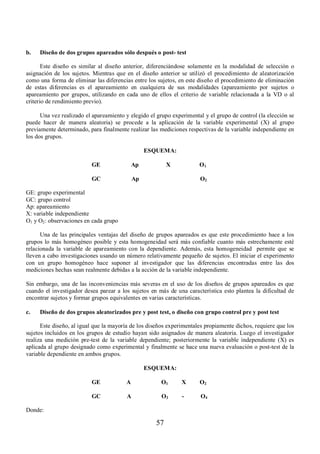 b. Diseño de dos grupos apareados sólo después o post- test 
Este diseño es similar al diseño anterior, diferenciándose solamente en la modalidad de selección o 
asignación de los sujetos. Mientras que en el diseño anterior se utilizó el procedimiento de aleatorización 
como una forma de eliminar las diferencias entre los sujetos, en este diseño el procedimiento de eliminación 
de estas diferencias es el apareamiento en cualquiera de sus modalidades (apareamiento por sujetos o 
apareamiento por grupos, utilizando en cada uno de ellos el criterio de variable relacionada a la VD o al 
criterio de rendimiento previo). 
Una vez realizado el apareamiento y elegido el grupo experimental y el grupo de control (la elección se 
puede hacer de manera aleatoria) se procede a la aplicación de la variable experimental (X) al grupo 
previamente determinado, para finalmente realizar las mediciones respectivas de la variable independiente en 
los dos grupos. 
ESQUEMA: 
GE Ap X O1 
GC Ap O2 
57 
GE: grupo experimental 
GC: grupo control 
Ap: apareamiento 
X: variable independiente 
O1 y O2: observaciones en cada grupo 
Una de las principales ventajas del diseño de grupos apareados es que este procedimiento hace a los 
grupos lo más homogéneo posible y esta homogeneidad será más confiable cuanto más estrechamente esté 
relacionada la variable de apareamiento con la dependiente. Además, esta homogeneidad permite que se 
lleven a cabo investigaciones usando un número relativamente pequeño de sujetos. El iniciar el experimento 
con un grupo homogéneo hace suponer al investigador que las diferencias encontradas entre las dos 
mediciones hechas sean realmente debidas a la acción de la variable independiente. 
Sin embargo, una de las inconveniencias más severas en el uso de los diseños de grupos apareados es que 
cuando el investigador desea parear a los sujetos en más de una característica esto plantea la dificultad de 
encontrar sujetos y formar grupos equivalentes en varias características. 
c. Diseño de dos grupos aleatorizados pre y post test, o diseño con grupo control pre y post test 
Este diseño, al igual que la mayoría de los diseños experimentales propiamente dichos, requiere que los 
sujetos incluidos en los grupos de estudio hayan sido asignados de manera aleatoria. Luego el investigador 
realiza una medición pre-test de la variable dependiente; posteriormente la variable independiente (X) es 
aplicada al grupo designado como experimental y finalmente se hace una nueva evaluación o post-test de la 
variable dependiente en ambos grupos. 
ESQUEMA: 
GE A O1 X O2 
GC A O3 - O4 
Donde: 
 