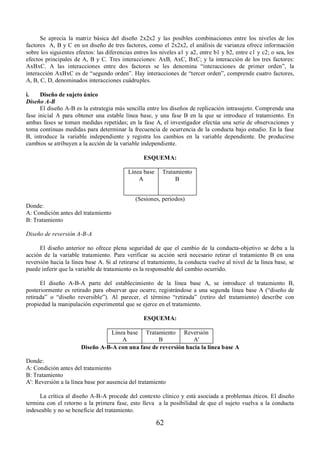 Se aprecia la matriz básica del diseño 2x2x2 y las posibles combinaciones entre los niveles de los 
factores A, B y C en un diseño de tres factores, como el 2x2x2, el análisis de varianza ofrece información 
sobre los siguientes efectos: las diferencias entres los niveles a1 y a2, entre b1 y b2, entre c1 y c2; o sea, los 
efectos principales de A, B y C. Tres interacciones: AxB, AxC, BxC; y la interacción de los tres factores: 
AxBxC. A las interacciones entre dos factores se les denomina “interacciones de primer orden”, la 
interacción AxBxC es de “segundo orden”. Hay interacciones de “tercer orden”, comprende cuatro factores, 
A, B, C, D, denominados interacciones cuádruples. 
i. Diseño de sujeto único 
Diseño A-B 
El diseño A-B es la estrategia más sencilla entre los diseños de replicación intrasujeto. Comprende una 
fase inicial A para obtener una estable línea base, y una fase B en la que se introduce el tratamiento. En 
ambas fases se toman medidas repetidas; en la fase A, el investigador efectúa una serie de observaciones y 
toma continuas medidas para determinar la frecuencia de ocurrencia de la conducta bajo estudio. En la fase 
B, introduce la variable independiente y registra los cambios en la variable dependiente. De producirse 
cambios se atribuyen a la acción de la variable independiente. 
ESQUEMA: 
62 
Línea base 
A 
Tratamiento 
B 
(Sesiones, períodos) 
Donde: 
A: Condición antes del tratamiento 
B: Tratamiento 
Diseño de reversión A-B-A 
El diseño anterior no ofrece plena seguridad de que el cambio de la conducta-objetivo se deba a la 
acción de la variable tratamiento. Para verificar su acción será necesario retirar el tratamiento B en una 
reversión hacia la línea base A. Si al retirarse el tratamiento, la conducta vuelve al nivel de la línea base, se 
puede inferir que la variable de tratamiento es la responsable del cambio ocurrido. 
El diseño A-B-A parte del establecimiento de la línea base A, se introduce el tratamiento B, 
posteriormente es retirado para observar que ocurre, registrándose a una segunda línea base A (“diseño de 
retirada” o “diseño reversible”). Al parecer, el término “retirada” (retiro del tratamiento) describe con 
propiedad la manipulación experimental que se ejerce en el tratamiento. 
ESQUEMA: 
Línea base 
A 
Tratamiento 
B 
Reversión 
A' 
Diseño A-B-A con una fase de reversión hacia la línea base A 
Donde: 
A: Condición antes del tratamiento 
B: Tratamiento 
A': Reversión a la línea base por ausencia del tratamiento 
La crítica al diseño A-B-A procede del contexto clínico y está asociada a problemas éticos. El diseño 
termina con el retorno a la primera fase, esto lleva a la posibilidad de que el sujeto vuelva a la conducta 
indeseable y no se beneficie del tratamiento. 
 