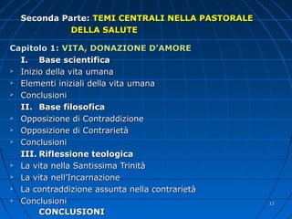 Seconda Parte:Seconda Parte: TEMI CENTRALI NELLA PASTORALETEMI CENTRALI NELLA PASTORALE
DELLA SALUTEDELLA SALUTE
Capitolo 1:Capitolo 1: VITA, DONAZIONE D’AMOREVITA, DONAZIONE D’AMORE
I.I. Base scientificaBase scientifica
 Inizio della vita umanaInizio della vita umana
 Elementi iniziali della vita umanaElementi iniziali della vita umana
 ConclusioniConclusioni
II.II. Base filosoficaBase filosofica
 Opposizione di ContraddizioneOpposizione di Contraddizione
 Opposizione di ContrarietàOpposizione di Contrarietà
 ConclusioniConclusioni
III.III. Riflessione teologicaRiflessione teologica
 La vita nella Santissima TrinitàLa vita nella Santissima Trinità
 La vita nell’IncarnazioneLa vita nell’Incarnazione
 La contraddizione assunta nella contrarietàLa contraddizione assunta nella contrarietà
 ConclusioniConclusioni
CONCLUSIONICONCLUSIONI
1212
 
