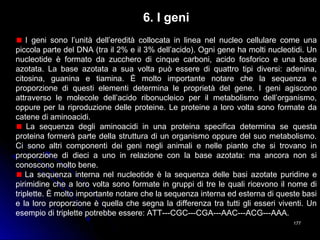 177177
6. I geni
I geni sono l’unità dell’eredità collocata in linea nel nucleo cellulare come una
piccola parte del DNA (tra il 2% e il 3% dell’acido). Ogni gene ha molti nucleotidi. Un
nucleotide è formato da zucchero di cinque carboni, acido fosforico e una base
azotata. La base azotata a sua volta può essere di quattro tipi diversi: adenina,
citosina, guanina e tiamina. È molto importante notare che la sequenza e
proporzione di questi elementi determina le proprietà del gene. I geni agiscono
attraverso le molecole dell’acido ribonucleico per il metabolismo dell’organismo,
oppure per la riproduzione delle proteine. Le proteine a loro volta sono formate da
catene di aminoacidi.
La sequenza degli aminoacidi in una proteina specifica determina se questa
proteina formerà parte della struttura di un organismo oppure del suo metabolismo.
Ci sono altri componenti dei geni negli animali e nelle piante che si trovano in
proporzione di dieci a uno in relazione con la base azotata: ma ancora non si
conoscono molto bene.
La sequenza interna nel nucleotide è la sequenza delle basi azotate puridine e
pirimidine che a loro volta sono formate in gruppi di tre le quali ricevono il nome di
triplette. È molto importante notare che la sequenza interna ed esterna di queste basi
e la loro proporzione è quella che segna la differenza tra tutti gli esseri viventi. Un
esempio di triplette potrebbe essere: ATT---CGC---CGA---AAC---ACG---AAA.
 
