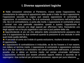 202202
I. Diverse opposizioni logiche
Nelle concezioni estranee al Panteismo, invece esiste l’opposizione, ma
consideriamo la categoria di opposizione della quale si tratta: la vita è opposizione,
l’opposizione secondo la Logica può essere opposizione di contrarietà o
opposizione di contraddizione. Se è di contrarietà, ci incontriamo nell’ambito della
vita. Se è di contraddizione, ci porta alla morte. L’opposizione di contrarietà unisce
i contrari con una particella copulativa: questo e questo; l’opposizione di
contraddizione esclude uno degli opposti per affermare l’altro. Escludendo uno
degli opposti non si ha più organicità e così non si può parlare della vita.
Approfondendo di più ciò che abbiamo detto precedentemente possiamo dire
che vi è opposizione tra due contenuti quando la posizione di uno esclude in certo
qual modo quella dell’altro.
A seconda di come sia l’indole di questa esclusione, risultano diverse categorie
di opposizione.
L’opposizione di contraddizione è irriducibile, se da tra l’essere e il non essere,
non tollera un termine medio. L’opposizione di contrarietà o opposizione contraria
fa sì che due contenuti si escludano nel campo particolare dell’essere, e pertanto
accetta che si abbia un termine medio nel campo universale dell’essere.
L’opposizione contraria può essere privativa oppure relativa a seconda se si
oppongano i due contenuti per privazione-possesso, oppure per pura relazione.
 