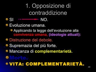 1. Opposizione di1. Opposizione di
contraddizionecontraddizione
SI NO.SI NO.
Evoluzione umana.Evoluzione umana.
Applicando la legge dell’evoluzione allaApplicando la legge dell’evoluzione alla
convivenza umana,convivenza umana, (ideologie attuali):(ideologie attuali):
Distruzione del debole.Distruzione del debole.
Supremazia del più forte.Supremazia del più forte.
Mancanza diMancanza di complementarietà.complementarietà.
Morte.Morte.
VITA: COMPLEMENTARIETÀ.VITA: COMPLEMENTARIETÀ. 206206
 