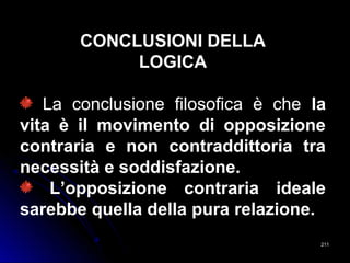 211211
CONCLUSIONI DELLA
LOGICA
La conclusione filosofica è che la
vita è il movimento di opposizione
contraria e non contraddittoria tra
necessità e soddisfazione.
L’opposizione contraria ideale
sarebbe quella della pura relazione.
 
