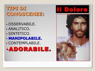 TIPI DITIPI DI
CONOSCCONOSCENZE:ENZE:
OSSERVABILE.
ANALITICO.
SINTETICO.
MANIPOLABILE.MANIPOLABILE.
CONTEMPLABILE.
ADORABILE.ADORABILE.
Il DoloreIl Dolore
253
 