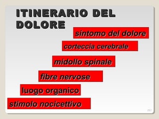 ITINERARIO DELITINERARIO DEL
DOLOREDOLORE
stimolo nocicettivostimolo nocicettivo
fibre nervosefibre nervose
midollo spinalemidollo spinale
corteccia cerebralecorteccia cerebrale
sintomo del doloresintomo del dolore
luogo organicoluogo organico
257
 