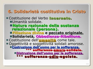 6. Solidarietà costitutiva in Cristo6. Solidarietà costitutiva in Cristo
Costituzione del Verbo Incarnato.Incarnato.
Umanità solidale.
Natura razionale della sostanzaNatura razionale della sostanza
relazionale (persona).relazionale (persona).
Filiazione divinaFiliazione divina ee peccato originale.peccato originale.
Solidarietà,Solidarietà, Obbedienza-Ribellione.Obbedienza-Ribellione.
Costituzione dell’umanitàumanità come tale.
Oggettività e soggettività solidali amorose.
Costruzione dell’uomo per la sofferenza.Costruzione dell’uomo per la sofferenza.
*** sofferenza-*** sofferenza- amoreamore-solida-solidale.le.
Distruzione dell’uomo per la sofferenza.Distruzione dell’uomo per la sofferenza.
*** sofferenza-*** sofferenza- odioodio-egoista.-egoista.
315
 