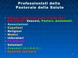 Professionisti dellaProfessionisti della
Pastorale della SalutePastorale della Salute
Vescovi Incaricati nelle ConferenzeVescovi Incaricati nelle Conferenze
Episcopali,Episcopali, Vescovi,Vescovi, Pastori, Assistenti.Pastori, Assistenti.
AssociazioniAssociazioni
CapellaniCapellani
ReligiosiReligiosi
MediciMedici
InfermieriInfermieri
FarmacistiFarmacisti
VolontariVolontari
Ospedali (A.I.S.A.C.)Ospedali (A.I.S.A.C.)
Autorità sanitarieAutorità sanitarie
4242
 