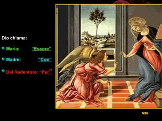 Dio chiama:Dio chiama:
Maria:Maria: “Essere”“Essere”
Madre:Madre: “Con”“Con”
Del Redentore:Del Redentore: “Per“Per””
526
 