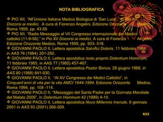 633
NOTA BIBLIOGRAFICA
 PIO XII, “All’Unione Italiana Medico Biologica di ‘San Luca’,” in Pio XII
Discorsi ai medici, A cura di Fiorenzo Angelini, Edizione Orizzonte Medico,
Roma 1959, pp. 43-55
 PIO XII, “Radio Messaggio al VII Congresso internazionale dei Medici
cattolici (11-9-56),” in Pio XII Discorsi ai medici, A cura di Fiorenzo Angelini,
Edizione Orizzonte Medico, Roma 1959, pp. 503- 518.
 GIOVANNI PAOLO II, Lettera apostolica Salvifici Doloris, 11 febbraio 1984,
in AAS 76 (1984) 201-250.
 GIOVANNI PAOLO II, Lettera apostolica motu proprio Dolentium Hominum,
11 febbraio 1985, in AAS 77 (1985) 457-467.
 GIOVANNI PAOLO II, Lettera apostolica Pastor Bonus, 28 giugno 1988, in
AAS 80 (1988) 841-930.
 GIOVANNI PAOLO II, “Al XV Congresso dei Medici Cattolici”, in
Cinquant’anni di vita per la vita AMCI 1944-1994, Edizione Orizzonte Medico,
Roma 1994, pp. 108 -114.
 GIOVANNI PAOLO II, “Messaggio del Santo Padre per la Giornata Mondiale
del Malato 2000”, in Dolentium Hominum 42 (1999) 4-10.
 GIOVANNI PAOLO II, Lettera apostolica Novo Millennio Inenute, 6 gennaio
2001 in AAS 93 (2001) 266-309.
 