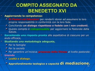 COMPITO ASSEGNATO DACOMPITO ASSEGNATO DA
BENEDETTO XVIBENEDETTO XVI
Aggiornando la competenza:Aggiornando la competenza:
Di Pastori ed EducatoriDi Pastori ed Educatori per renderli idonei ad assumere le loroper renderli idonei ad assumere le loro
proprie responsabilità in conformità con la loro fede.proprie responsabilità in conformità con la loro fede.
ConciliandoConciliando un dialogo rispettoso e fedele con i non credenti.un dialogo rispettoso e fedele con i non credenti.
Questo compito èQuesto compito è indispensabileindispensabile per aggiornare la Pastorale dellaper aggiornare la Pastorale della
Salute.Salute.
Garantendo una risposta prontaGarantendo una risposta pronta alle aspettative di ciascuno per unalle aspettative di ciascuno per un
aiuto efficace,aiuto efficace,
Studiando una metodologia adeguata,Studiando una metodologia adeguata,
Per le famigliePer le famiglie
Per la societàPer la società
Per garantire un’incisivaPer garantire un’incisiva presenza della Chiesapresenza della Chiesa al livello pastorale:al livello pastorale:
UnendoUnendo
Lealtà e dialogo.Lealtà e dialogo.
Approfondimento teologico e capacitàApprofondimento teologico e capacità di mediazione.di mediazione.
8686
 