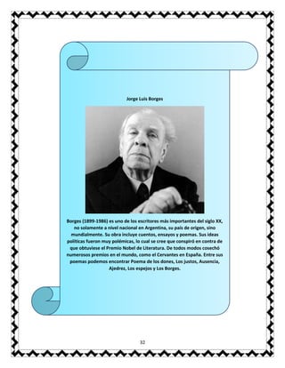 32
Jorge Luis Borges
Borges (1899-1986) es uno de los escritores más importantes del siglo XX,
no solamente a nivel nacional en Argentina, su país de origen, sino
mundialmente. Su obra incluye cuentos, ensayos y poemas. Sus ideas
políticas fueron muy polémicas, lo cual se cree que conspiró en contra de
que obtuviese el Premio Nobel de Literatura. De todos modos cosechó
numerosos premios en el mundo, como el Cervantes en España. Entre sus
poemas podemos encontrar Poema de los dones, Los justos, Ausencia,
Ajedrez, Los espejos y Los Borges.
 