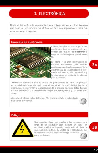 3. ELECTRÓNICA

Desde el inicio de este capítulo te vas a enterar de los términos técnicos
que tiene la electrónica y que al final de éste muy seguramente vas a ma-
nejar de manera experta.



Concepto de electrónica
                                              Estudia y emplea sistemas cuyo funcio-
                                              namiento se basa en la conducción y el
                                              control del flujo de los electrones u
                                              otras partículas cargadas eléctricamen-
                                              te.

                                              El diseño y la gran construcción de
                                              circuitos electrónicos para resolver
                                              problemas prácticos forman parte de la
                                                                                          3A
                                              electrónica y de los campos de la inge-
                                              niería electrónica, electromecánica y
                                              la informática en el diseño de software
                                              para su control.

La electrónica desarrolla en la actualidad una gran variedad de tareas. Los principa-
les usos de los circuitos electrónicos son el control, el procesado, la distribución de
información, la conversión y la distribución de la energía eléctrica. Estos dos usos
implican la creación o la detección de campos electromagnéticos y corrientes eléc-
tricas.

Mira a tu alrededor radio, televisor, PC, teléfono móvil, lavadora todos
ellos tienen electrónica.




Voltaje

                          Una magnitud física que impulsa a los electrones a lo
                          largo de un conductor (por ejemplo un cable) en
                          un circuito eléctrico cerrado, provocando el flujo de           3B
                          una corriente eléctrica. Su unidad es el Voltio(V). El ins-
                          trumento usado para medir el voltaje se conoce
                          como voltímetro.




                                                                                          17
 