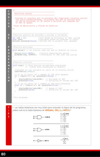/*
     C    --------------------------------------
            Escritura serial
     Ó    --------------------------------------
     D        Consiste en escribir por la pantalla del computador (consola serial)
               una letra predeterminada, la primera vez que se escriba está
     I         un LED se enciende, si se vuelve a escribir por segunda vez
               el LED se apaga.
     G
             Cosas de Mecatrónica y Tienda de Robótica
     0
         */

         //--------------------------------------------------
     D   //Declara puertos de entradas y salidas y variables
         //--------------------------------------------------
     E   int led = 13;           //Pin donde se encuentra el LED, salida
         char leer;              //Variable donde se almacena la letra
         boolean prendido=false; //Estado LED la primera vez, apagado

         //------------------------------------
     P   //Funcion principal
         //------------------------------------
     R   void setup() // Se ejecuta cada vez que el Arduino se inicia
         {
     O     Serial.begin(9600);    //Inicia comunicación serial
           pinMode(led, OUTPUT); //Configurar el LED como una salida
     G   }
     R
         //------------------------------------
     A   //Funcion ciclicla
         //------------------------------------
     M   void loop() // Esta funcion se mantiene ejecutando
         {           // cuando este energizado el Arduino
     A
              //Guardar en una variable el valor de la consola serial
     C        leer=Serial.read();
     I        // Si es la letra 'a' y además el LED está apagado
              if ( (leer=='a') && (prendido==false) )
     Ó        {
                  digitalWrite(led,HIGH); // Enciende el LED
     N            prendido=true;           // Actualiza el estado del LED
              }
              // Si es la letra 'a' y además el LED está encendido
              else if ( (leer=='a') && (prendido==true) )
              {
                  digitalWrite(led,LOW);   // Apaga el LED
                  prendido=false;          // Actualiza el estado del LED
              }
         }
         //Fin programa




     T   1– Las tablas booleanas son muy útiles para entender la lógica de los programas,
     I   ¿sabes cuál es la tabla booleana de AND(&&), OR(||) y NOT(!) ?
     P
     S




80
 