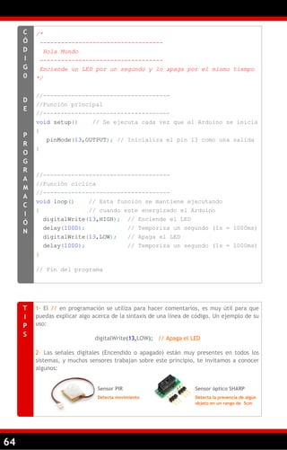 64
/*
-----------------------------------
Hola Mundo
-----------------------------------
Enciende un LED por un segundo y lo apaga por el mismo tiempo
*/
//------------------------------------
//Función principal
//------------------------------------
void setup() // Se ejecuta cada vez que el Arduino se inicia
{
pinMode(13,OUTPUT); // Inicializa el pin 13 como una salida
}
//------------------------------------
//Función cíclica
//------------------------------------
void loop() // Esta función se mantiene ejecutando
{ // cuando este energizado el Arduino
digitalWrite(13,HIGH); // Enciende el LED
delay(1000); // Temporiza un segundo (1s = 1000ms)
digitalWrite(13,LOW); // Apaga el LED
delay(1000); // Temporiza un segundo (1s = 1000ms)
}
// Fin del programa
C
Ó
D
I
G
0
D
E
P
R
O
G
R
A
M
A
C
I
Ó
N
1- El // en programación se utiliza para hacer comentarios, es muy útil para que
puedas explicar algo acerca de la sintaxis de una línea de código. Un ejemplo de su
uso:
digitalWrite(13,LOW); // Apaga el LED
2– Las señales digitales (Encendido o apagado) están muy presentes en todos los
sistemas, y muchos sensores trabajan sobre este principio, te invitamos a conocer
algunos:
T
I
P
S
Sensor PIR
Detecta movimiento
Sensor óptico SHARP
Detecta la presencia de algún
objeto en un rango de 5cm
 