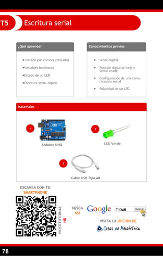 78
Escritura serialT5
¿Qué aprendo?
Entrada por consola (teclado)
Variables booleanas
Estado de un LED
Escritura serial digital
Conocimientos previos
 Señal digital
 Función digitalWrite() y
Serial.read()
 Configuración de una comu-
nicación serial
 Polaridad de un LED
ESCANEA CON TU
SMARTPHONE
VIDEOTUTORIAL
HD
BUSCA
ASÍ
VISITA LA OPCIÓN DE
T13AB
Materiales
1
Arduino UNO
1
LED Verde
1
Cable USB Tipo AB
 