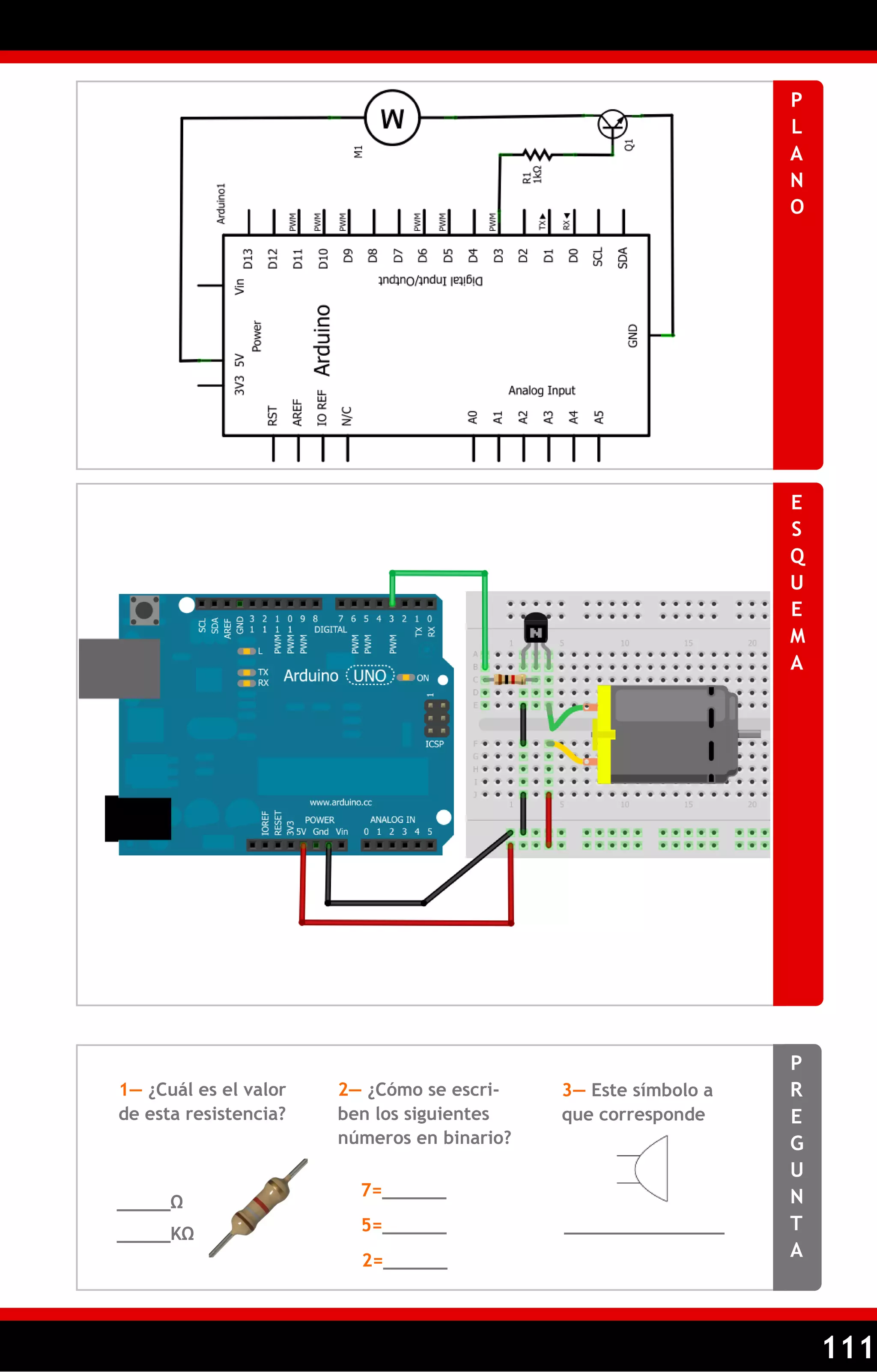 111 
PLANO 
ESQUEMA 
PREGUNTA 
1— ¿Cuál es el valor de esta resistencia? 
2— ¿Cómo se escri- ben los siguientes números en binario? 
_____Ω 
7=______ 
5=______ 
2=______ 
_____KΩ 
_______________ 
3— Este símbolo a que corresponde  