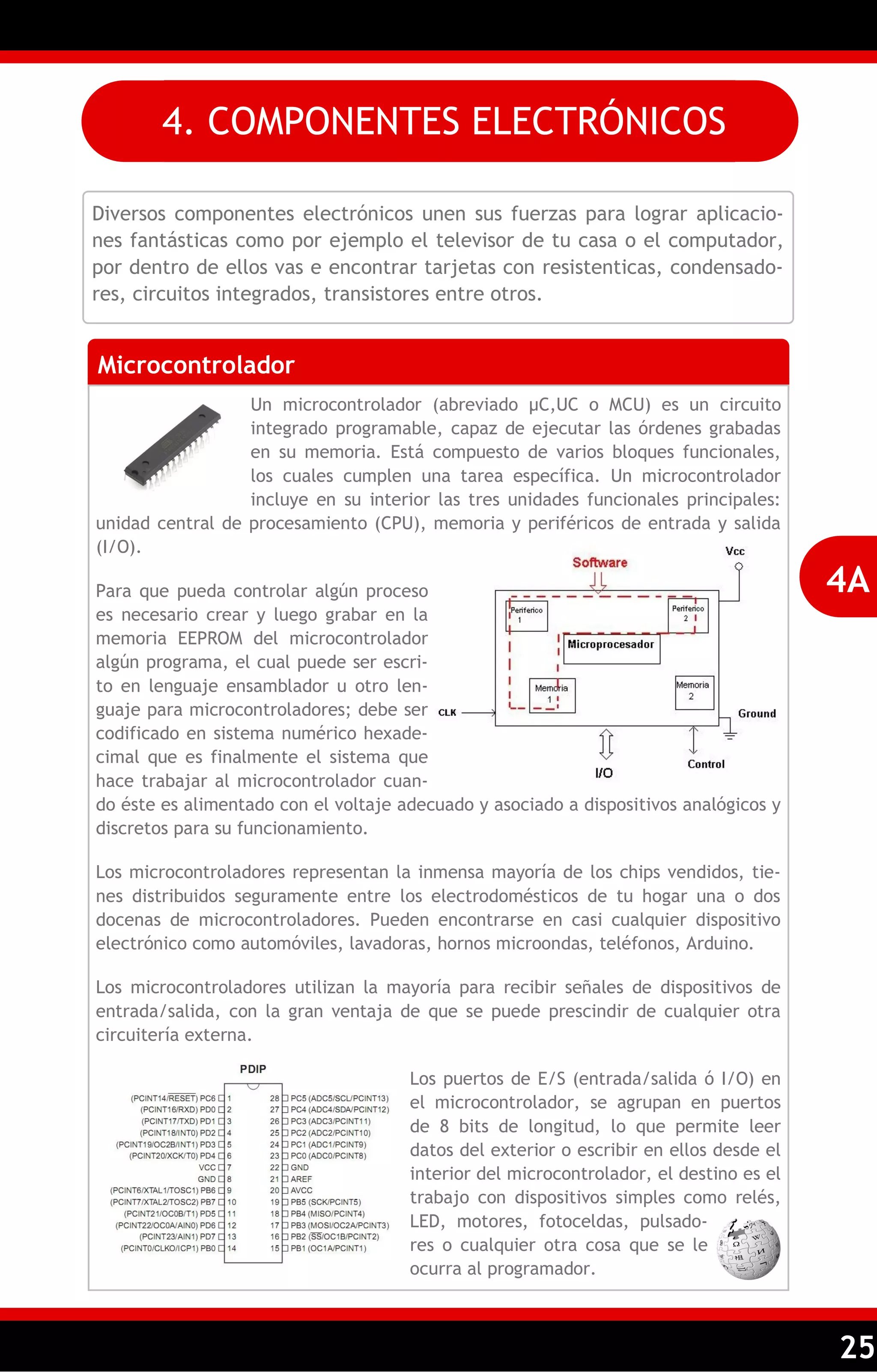 25 
Diversos componentes electrónicos unen sus fuerzas para lograr aplicacio- nes fantásticas como por ejemplo el televisor de tu casa o el computador, por dentro de ellos vas e encontrar tarjetas con resistenticas, condensado- res, circuitos integrados, transistores entre otros. 
Microcontrolador 
Un microcontrolador (abreviado μC,UC o MCU) es un circuito integrado programable, capaz de ejecutar las órdenes grabadas en su memoria. Está compuesto de varios bloques funcionales, los cuales cumplen una tarea específica. Un microcontrolador incluye en su interior las tres unidades funcionales principales: unidad central de procesamiento (CPU), memoria y periféricos de entrada y salida (I/O). 
Para que pueda controlar algún proceso es necesario crear y luego grabar en la memoria EEPROM del microcontrolador algún programa, el cual puede ser escri- to en lenguaje ensamblador u otro len- guaje para microcontroladores; debe ser codificado en sistema numérico hexade- cimal que es finalmente el sistema que hace trabajar al microcontrolador cuan- do éste es alimentado con el voltaje adecuado y asociado a dispositivos analógicos y discretos para su funcionamiento. 
Los microcontroladores representan la inmensa mayoría de los chips vendidos, tie- nes distribuidos seguramente entre los electrodomésticos de tu hogar una o dos docenas de microcontroladores. Pueden encontrarse en casi cualquier dispositivo electrónico como automóviles, lavadoras, hornos microondas, teléfonos, Arduino. 
Los microcontroladores utilizan la mayoría para recibir señales de dispositivos de entrada/salida, con la gran ventaja de que se puede prescindir de cualquier otra circuitería externa. 
Los puertos de E/S (entrada/salida ó I/O) en el microcontrolador, se agrupan en puertos de 8 bits de longitud, lo que permite leer datos del exterior o escribir en ellos desde el interior del microcontrolador, el destino es el trabajo con dispositivos simples como relés, LED, motores, fotoceldas, pulsado- res o cualquier otra cosa que se le ocurra al programador. 
4A 
4. COMPONENTES ELECTRÓNICOS  