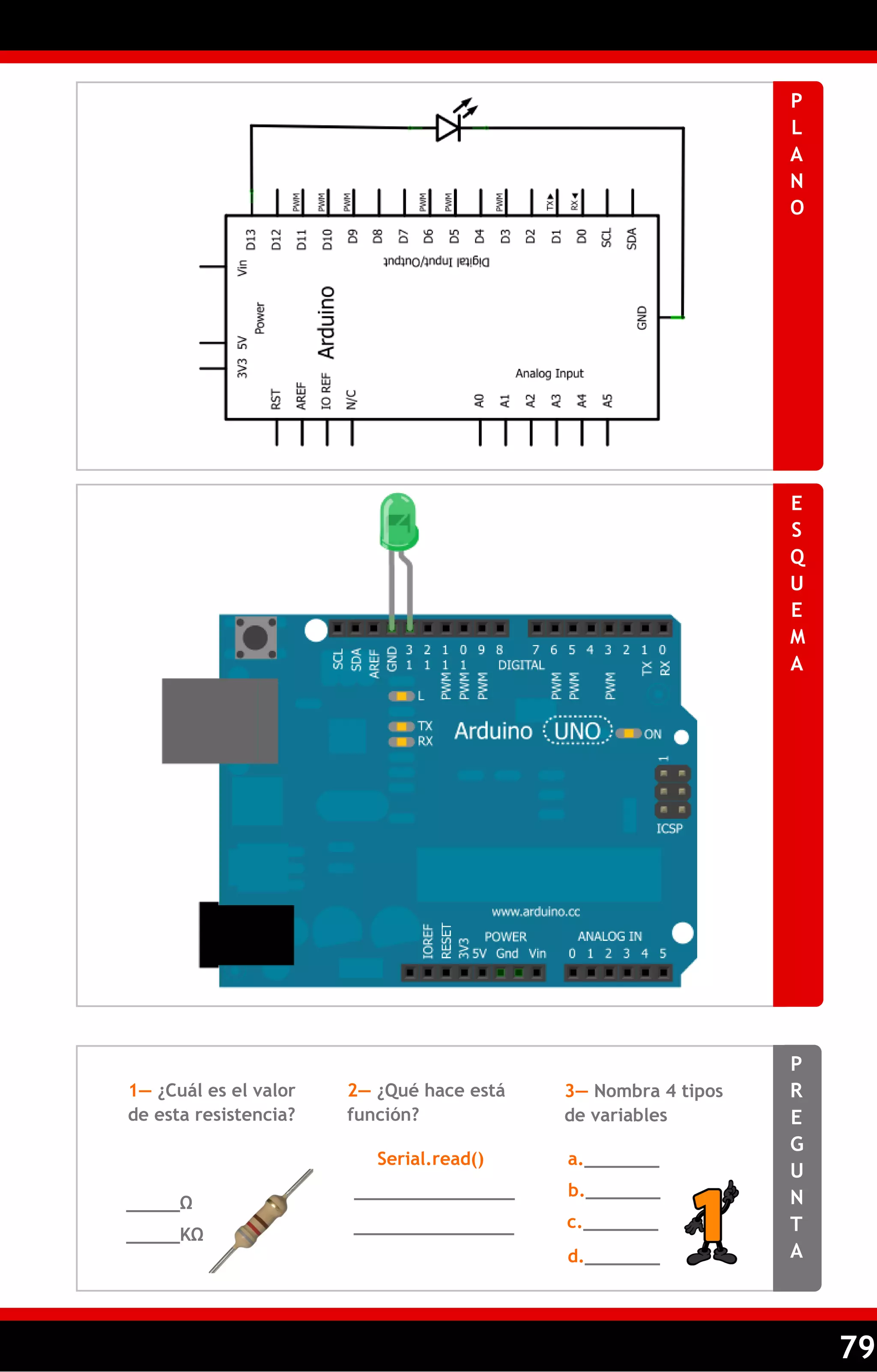 79 
PLANO 
ESQUEMA 
PREGUNTA 
1— ¿Cuál es el valor de esta resistencia? 
2— ¿Qué hace está función? 
3— Nombra 4 tipos de variables 
_____Ω 
_______________ 
_______________ 
Serial.read() 
_____KΩ 
a._______ 
b._______ 
c._______ 
d._______  