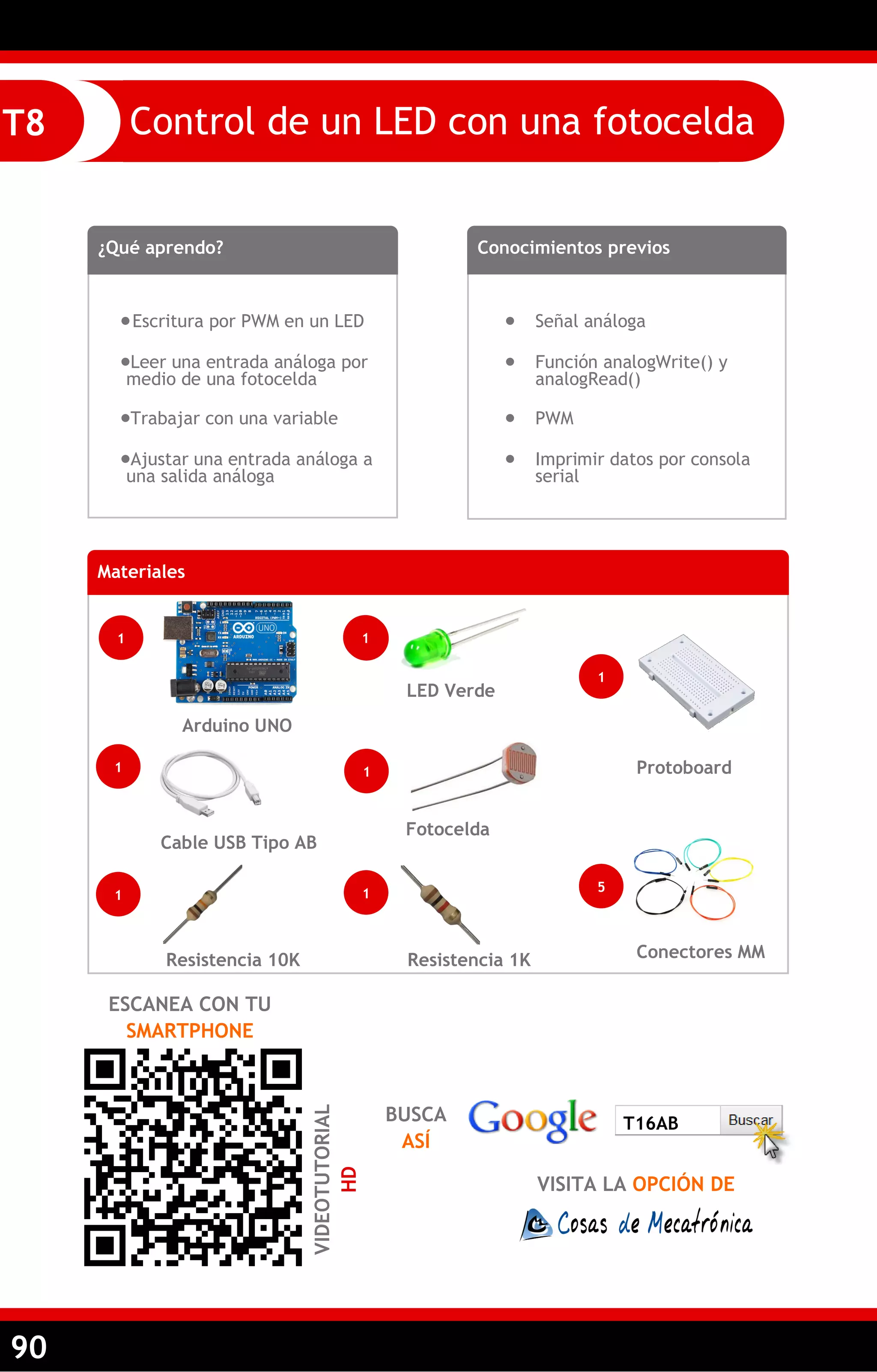 90 
Control de un LED con una fotocelda 
T8 
¿Qué aprendo? 
 Escritura por PWM en un LED 
Leer una entrada análoga por medio de una fotocelda 
Trabajar con una variable 
Ajustar una entrada análoga a una salida análoga 
Conocimientos previos 
 Señal análoga 
 Función analogWrite() y analogRead() 
 PWM 
 Imprimir datos por consola serial 
Materiales 
1 
Arduino UNO 
1 
Cable USB Tipo AB 
ESCANEA CON TU SMARTPHONE 
VIDEOTUTORIAL HD 
1 
Fotocelda 
Resistencia 1K 
Conectores MM 
Protoboard 
1 
5 
1 
BUSCA ASÍ 
VISITA LA OPCIÓN DE 
T16AB 
1 
LED Verde 
Resistencia 10K 
1  