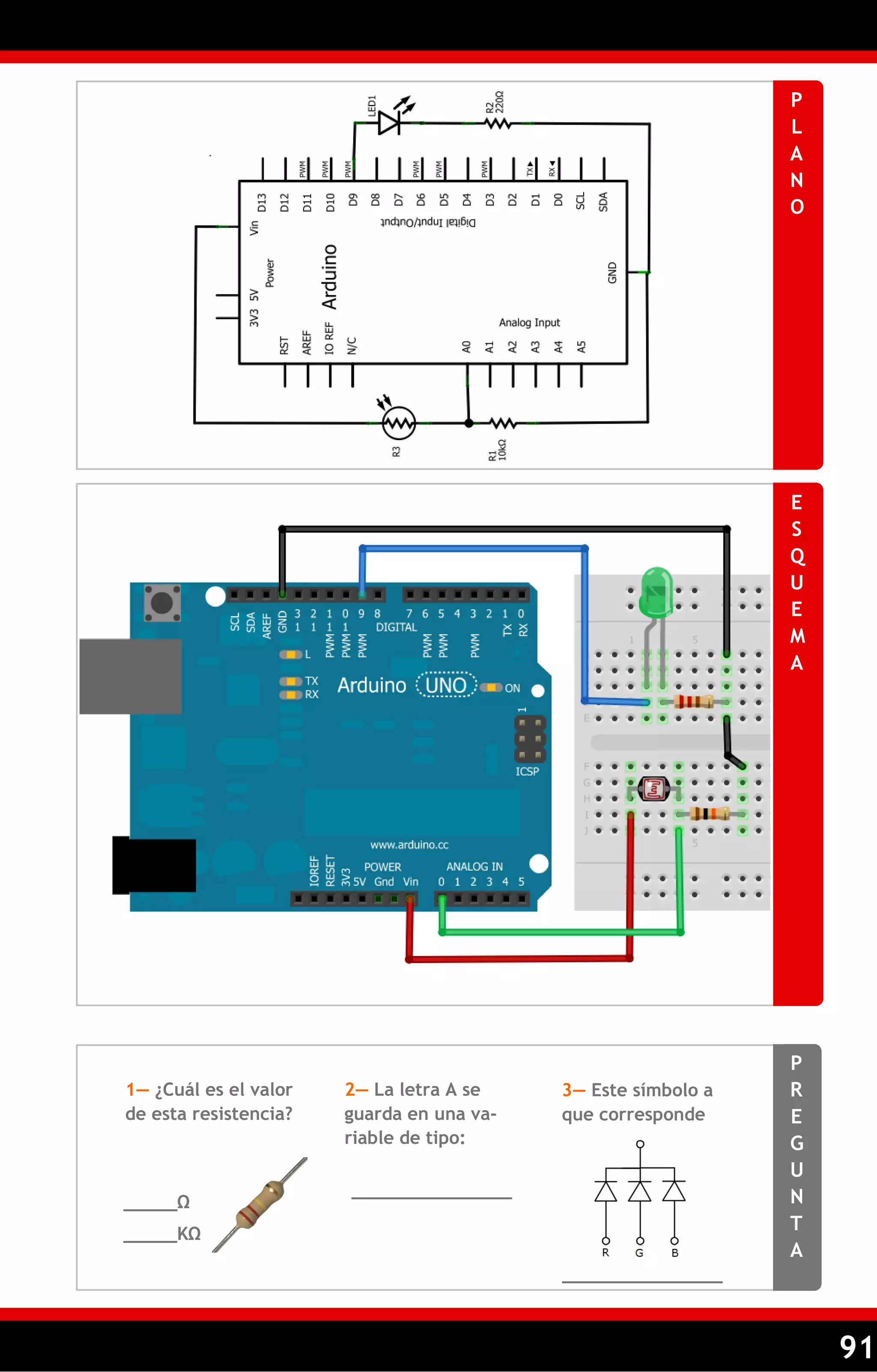 91 
PLANO 
ESQUEMA 
PREGUNTA 
1— ¿Cuál es el valor de esta resistencia? 
2— La letra A se guarda en una va- riable de tipo: 
3— Este símbolo a que corresponde 
_____Ω 
_______________ 
_____KΩ 
_______________  