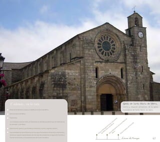 Iglesia de Santa María de Meira... 
Sobria y elegante perspectiva de la iglesia 
monasterial de Santa María de Meira 
67 
Visita al Pedregal de Irimia, nacimiento 
Iglesia Monasterio de Santa María de 
del Miño (Sierra de Meira) 
Meira 
Área recreativa de Fonmiñá 
Línea de tiempo 
Y además... en la ruta 
Rutas de senderismo y paseos a caballo por la Sierra de Meira. 
Área recreativa de Meira. 
Tradiciones: 
-En el Santuario de San Isidro, de Seixosmil, los devotos se ofrecen por las dolencias de 
los animales. 15 de Mayo. 
Gastronomía: quesos y pan de Meira; embutidos; truchas, anguila y salmón… 
Los humedales lacustres kársticos son muy poco frecuentes en el territorio autonómico, 
siendo los mejores representantes de este tipo de ecosistemas la Laguna de Fonmiña y 
Fuentes de Quintela, en las estribaciones de la sierra de Meira. 
 