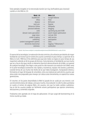 Estos ejemplos recogidos en la mencionada reunión son muy clarificadores para reconocer
cuándo un sitio Web es 2.0:

                                     Web 1.0                       Web 2.0
                                 DoubleClick             -->       Google AdSense
                                         Ofoto           -->       Flickr
                                       Akamai            -->       BitTorrent
                                     mp3.com             -->       Napster
                            Britannica Online            -->       Wikipedia
                           personal websites             -->       blogging
                                          evite          -->       upcoming.org and EVDB
                   domain name speculation               -->       search engine optimization
                                  page views             -->       cost per click
                             screen scraping             -->       web services
                                   publishing            -->       participation
               content management systems                -->       wikis
                      directories (taxonomy)             -->       tagging (“folksonomy”)
                                    stickiness           -->       syndication

             Fuente: http://www.oreillynet.com/pub/a/oreilly/tim/news/2005/09/30/what-is-web-20.html


El avance de las tecnologías, la maduración de estos servicios y los esfuerzos por dotarlos de mayor
facilidad de uso hicieron que el número de usuarios aumentara en poco tiempo. La aparición de la
Web en el año 1994 fue el hito definitivo para que este medio se erigiera en poco tiempo de uso
mayoritario saliendo así de los grupos de técnicos. Como decíamos, la facilidad de uso tuvo mucho
que ver y hoy en día sigue siendo un elemento clave de la democratización de la Web, y en general
de cualquier tecnología. Para llegar a este punto ha sido necesaria una evolución de la Web, tanto
en la parte tecnológica (conexiones más rápidas y económicas, equipos más baratos y potentes),
creando formas de uso mucho más fáciles de las que había (navegación, manipulación directa y
formularios en lugar de lenguaje de comandos), como una madurez por parte de los usuarios, que
ahora están más preparados para manejar con soltura estas herramientas, en especial las nuevas
generaciones.

En resumen, en los países desarrollados la Web ha pasado de ser usada por una minoría a ser
una herramienta básica de trabajo y ocio para muchos. Esta evolución no sólo ha sido cuantitativa
en cuanto al número de páginas Web y de usuarios, sino que ha traído cambios cualitativos:
hoy en día los usuarios pueden ser fácilmente actores participativos que aportan comentarios,
descripciones y contenidos originales.

Finalizamos este apartado con el mapa de aplicaciones 2.0 que surgió del brainstorming en la
misma reunión ya citada:




10                                                                                        La Biblioteca en la Web 2.0
 
