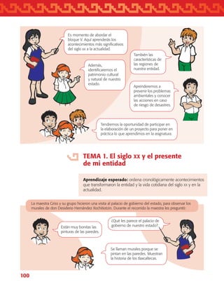 100
TEMA 1. El siglo xx y el presente
de mi entidad
Aprendizaje esperado: ordena cronológicamente acontecimientos
que transformaron la entidad y la vida cotidiana del siglo xx y en la
actualidad.
La maestra Griss y su grupo hicieron una visita al palacio de gobierno del estado, para observar los
murales de don Desiderio Hernández Xochitiotzin. Durante el recorrido la maestra les preguntó:
¿Qué les parece el palacio de
gobierno de nuestro estado?Están muy bonitas las
pinturas de las paredes.
Se llaman murales porque se
pintan en las paredes. Muestran
la historia de los tlaxcaltecas.
Es momento de abordar el
bloque V. Aquí aprenderás los
acontecimientos más significativos
del siglo xx a la actualidad.
También las
características de
las regiones de
nuestra entidad.
Además,
identificaremos el
patrimonio cultural
y natural de nuestro
estado.
Aprenderemos a
prevenir los problemas
ambientales y conocer
las acciones en caso
de riesgo de desastres.
Tendremos la oportunidad de participar en
la elaboración de un proyecto para poner en
práctica lo que aprendimos en la asignatura.
AB-TLAX-3-P-099-120.indd 100 24/05/12 12:29
 