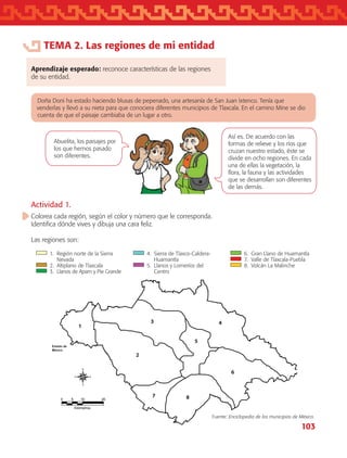 103
Doña Doni ha estado haciendo blusas de pepenado, una artesanía de San Juan Ixtenco. Tenía que
venderlas y llevó a su nieta para que conociera diferentes municipios de Tlaxcala. En el camino Mine se dio
cuenta de que el paisaje cambiaba de un lugar a otro.
Las regiones son:
Estado de
México
0 10 205
Kilómetros
1
2
3 4
5
6
87
1
2
3 4
5
6
87
Fuente: Enciclopedia de los municipios de México.
Actividad 1.
Colorea cada región, según el color y número que le corresponda.
Identifica dónde vives y dibuja una cara feliz.
Así es. De acuerdo con las
formas de relieve y los ríos que
cruzan nuestro estado, éste se
divide en ocho regiones. En cada
una de ellas la vegetación, la
flora, la fauna y las actividades
que se desarrollan son diferentes
de las demás.
TEMA 2. Las regiones de mi entidad
Aprendizaje esperado: reconoce características de las regiones
de su entidad.
Abuelita, los paisajes por
los que hemos pasado
son diferentes.
	 1.	Región norte de la Sierra
Nevada
	 2.	 Altiplano de Tlaxcala
	 3.	 Llanos de Apam y Pie Grande
	 4.	Sierra de Tlaxco-Caldera-
Huamantla
	 5.	Llanos y Lomeríos del
Centro
	 6.	 Gran Llano de Huamantla
	 7.	 Valle de Tlaxcala-Puebla
	 8.	 Volcán La Malinche
AB-TLAX-3-P-099-120.indd 103 25/05/12 12:24
 